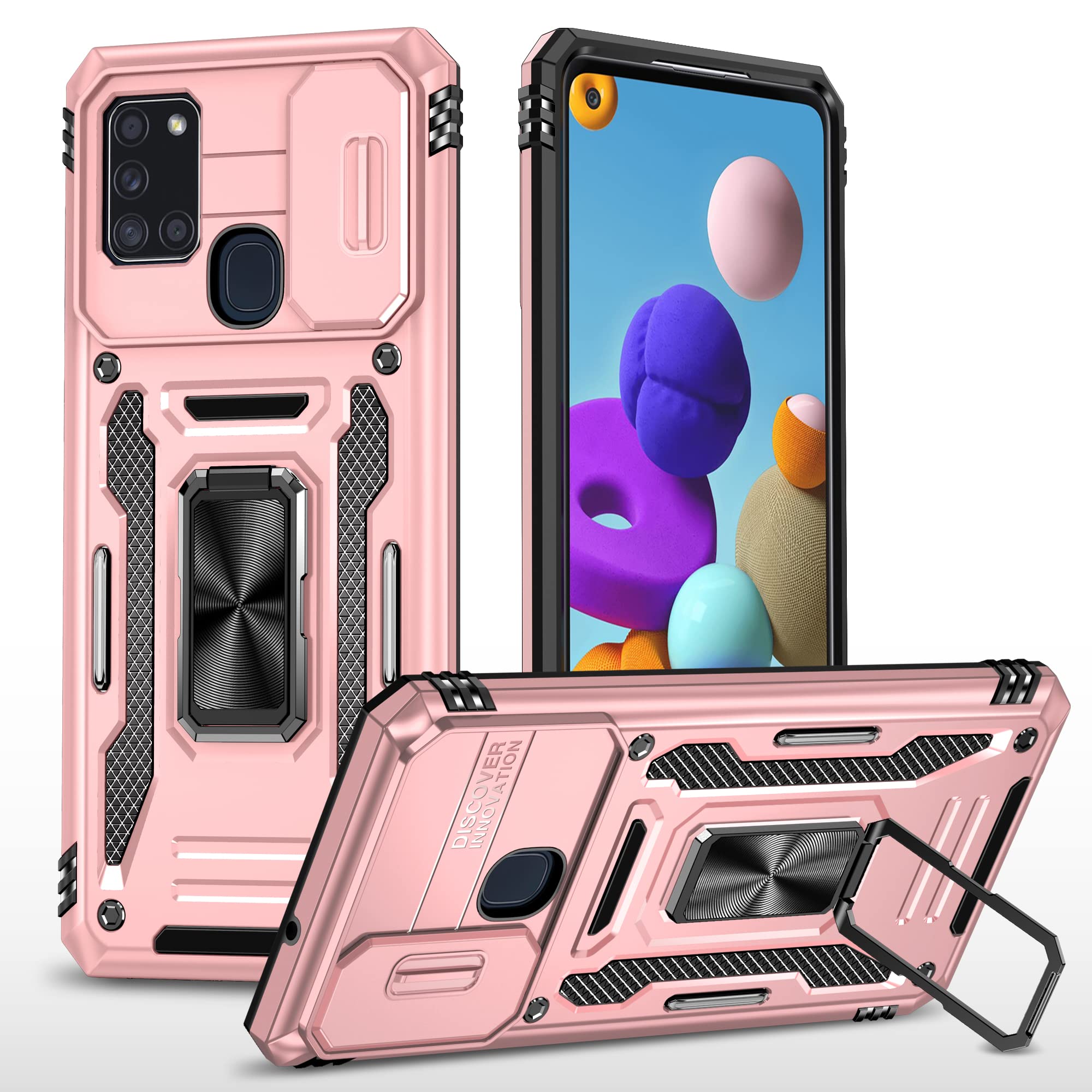 2NSPDRGNI Slide Camera Cover for Samsung Galaxy A21S,Kickstand with Built-in 360° Rotate Magnetic Ring Stand Shockproof Protective Armor Cover,Rose Gold