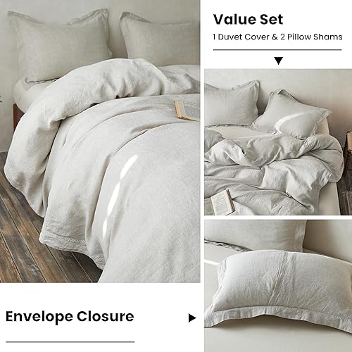 Miniatura 4 de Simple&Opulence - Juego de funda de edredón 100 % lino con bordado en cruz, estilo alquería, 3 piezas (1 funda de edredón y 2 fundas decorativas de