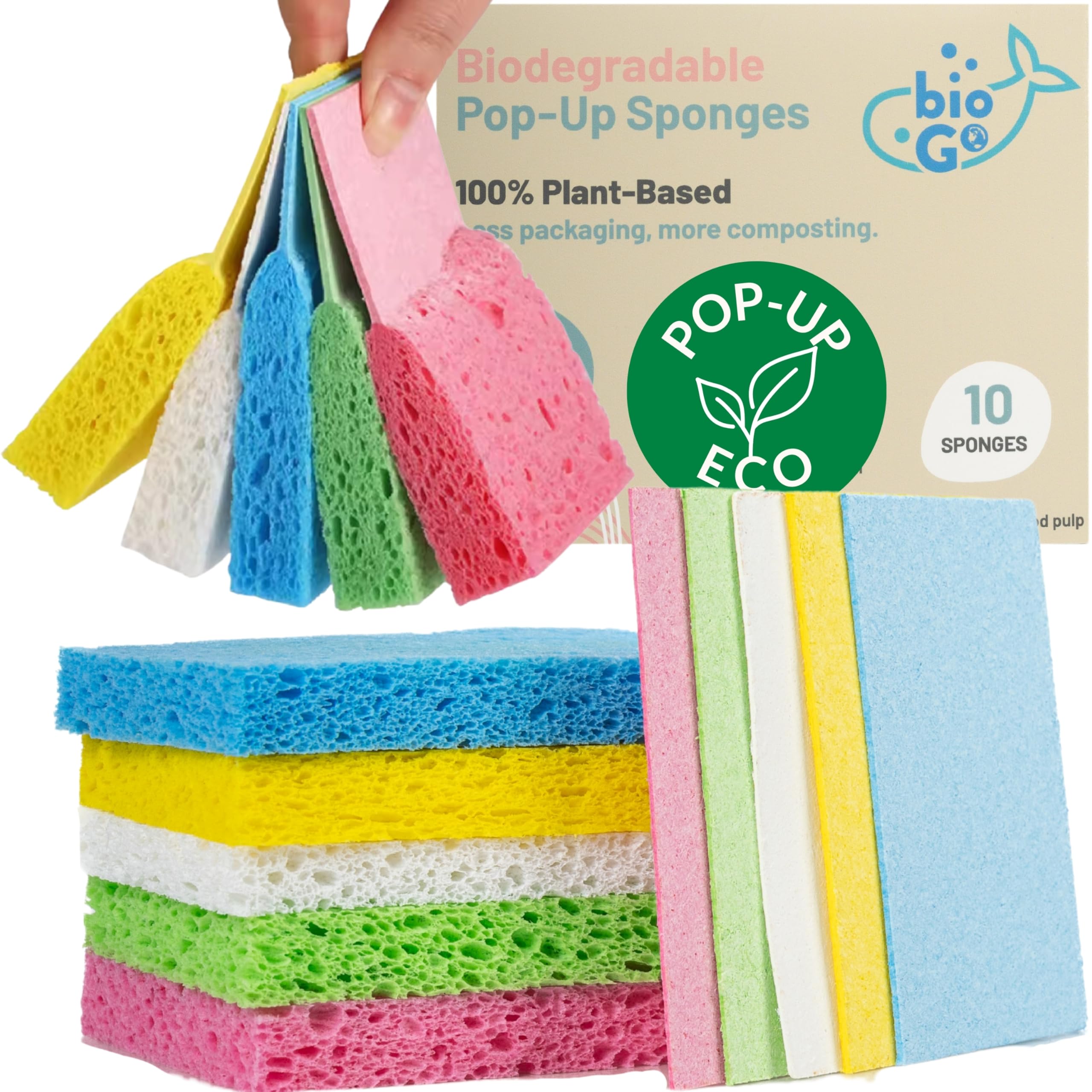Biogo Multicolour 10 Pack Compostable Pop-Up Sponges - Expanding, Non-Scratch, Plant-Based Dish Sponges - Washing Up Sponge - Cellulose Kitchen Sponge - Compostable Sponge