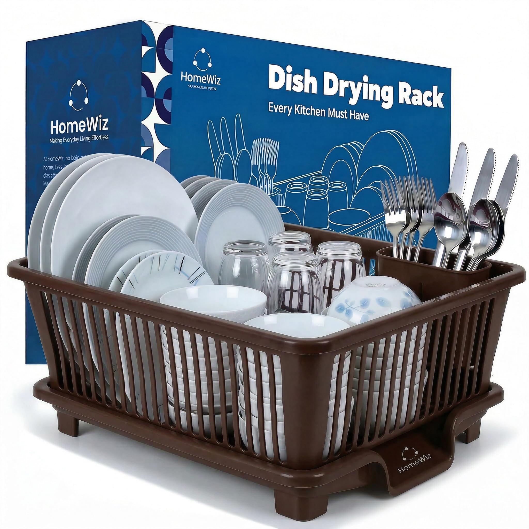 HomeWiz Plastic Dish Drying Rack | Rust-Free Utensil Rack with Built-in Drainage | 50 KG + Weight Capacity | Kitchen Rack with Cutlery Holder | BPA-Free Food Grade Plastic | 43x30x20 cm | Brown