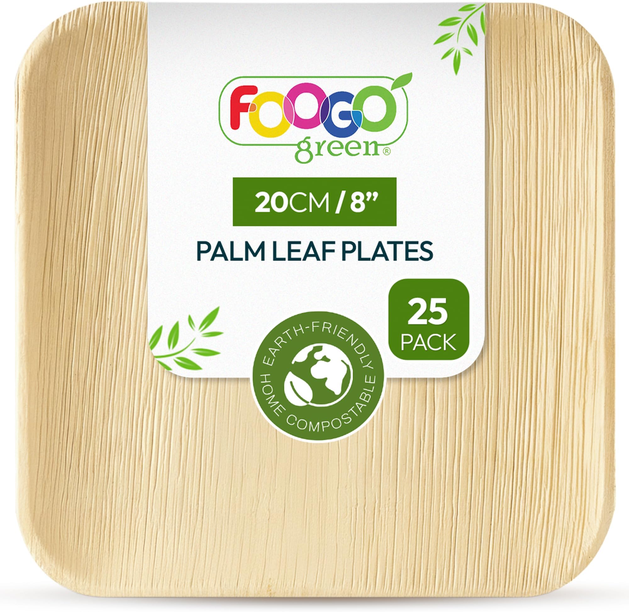 FOOGO Green 25pcs Disposable Palm Leaf Plates, 8"(20cm) Medium Square, Eco Friendly Biodegradable Compostable Like Wooden, Bamboo, Paper Plates for Hot Food, Picnic Wedding Parties