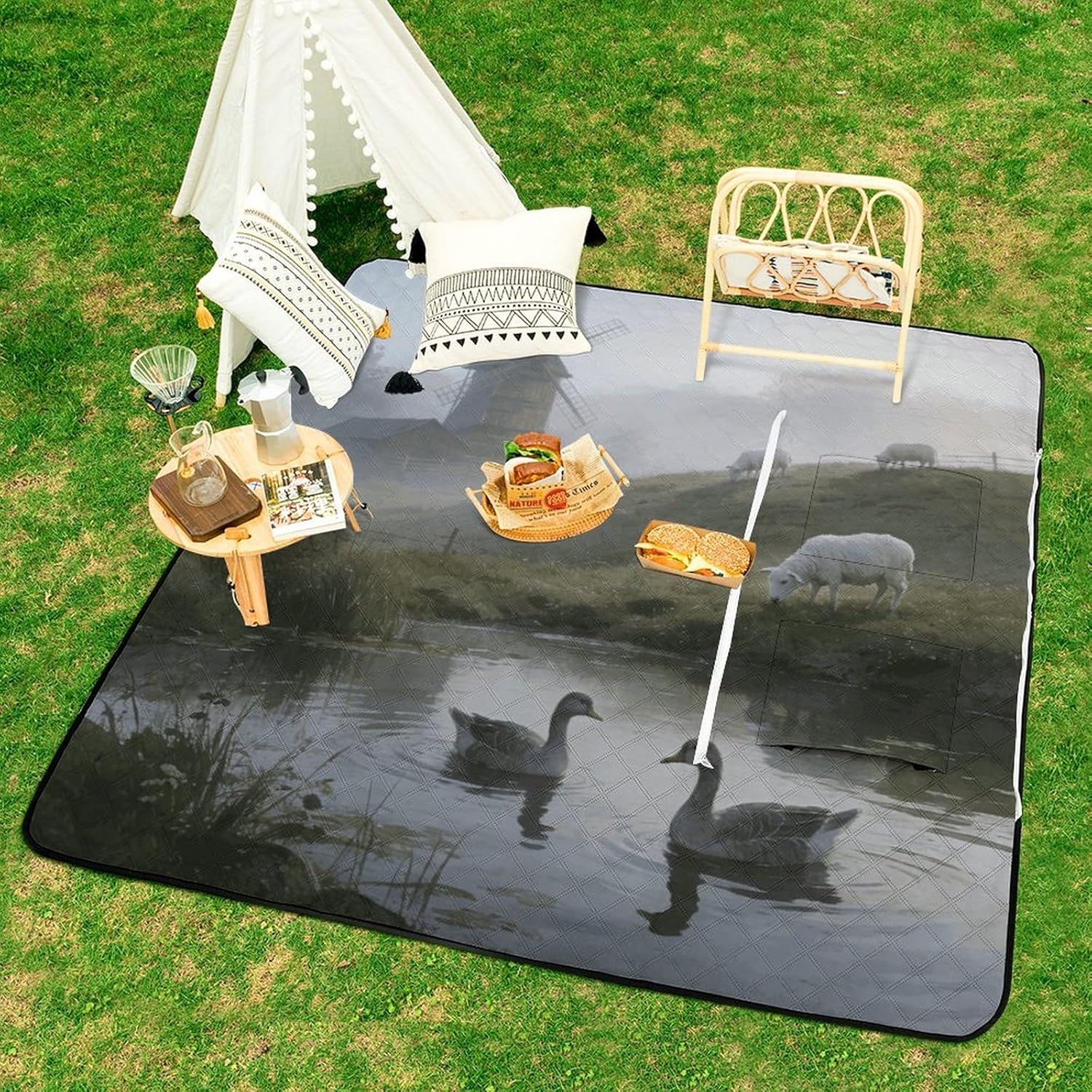 Stream Geese and Slope Sheep Picnic Blanket with Zipper Water Resistant Sand Free Picnic Mat Washable Foldable Easy Carry Beach Blanket for Lawn Beach Hiking Camping