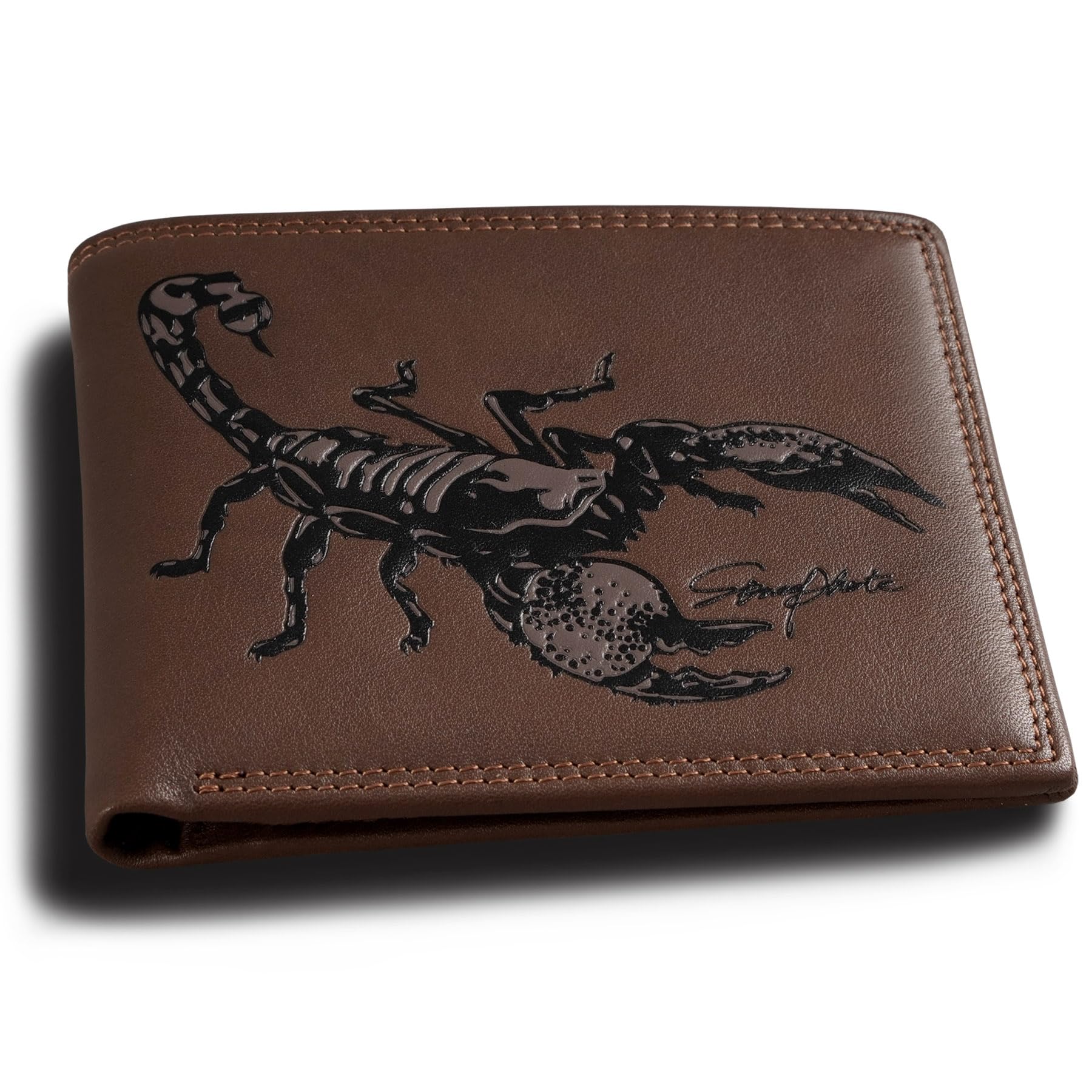 skneephate Mens Bifold Wallets Genuine Leather Brown Western | Cool Scorpion Billfold Credit Card Holder RFID Blocking Wallet | Men's Gift Idea(coffee