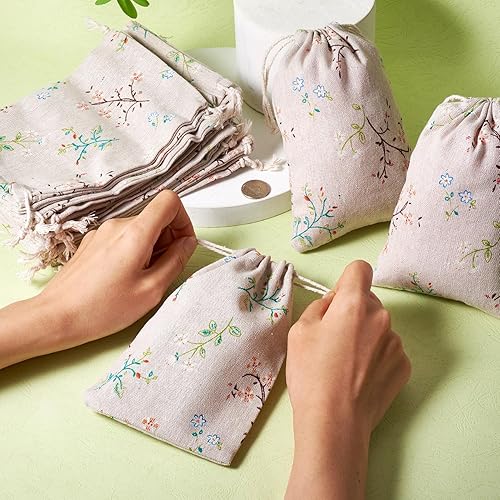 Miniatura 3 de KISSITTY 50 bolsas con cordón impreso con patrón de flores, bolsas de embalaje de regalo, bolsas de almacenamiento de tela para regalos de joyería,