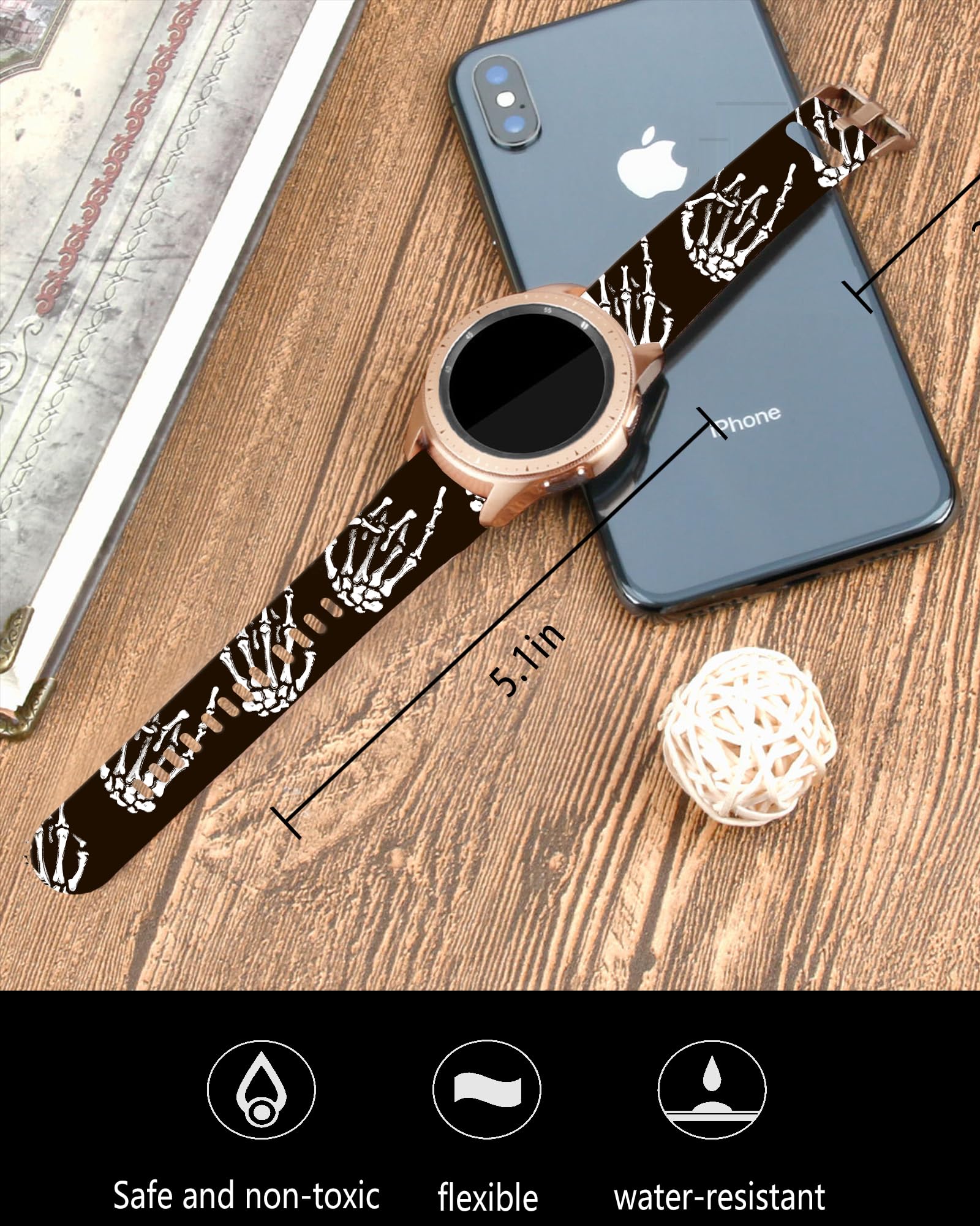 20mm Silicone Sport Bands Compatible with Galaxy Watch 6/Watch 5/Galaxy Watch 4 40mm 44mm/Classic 42mm 46mm/Watch 3 41mm, Active 2 Watch Bands,Cute Replacement Strap for Women(skull skeleton hand)