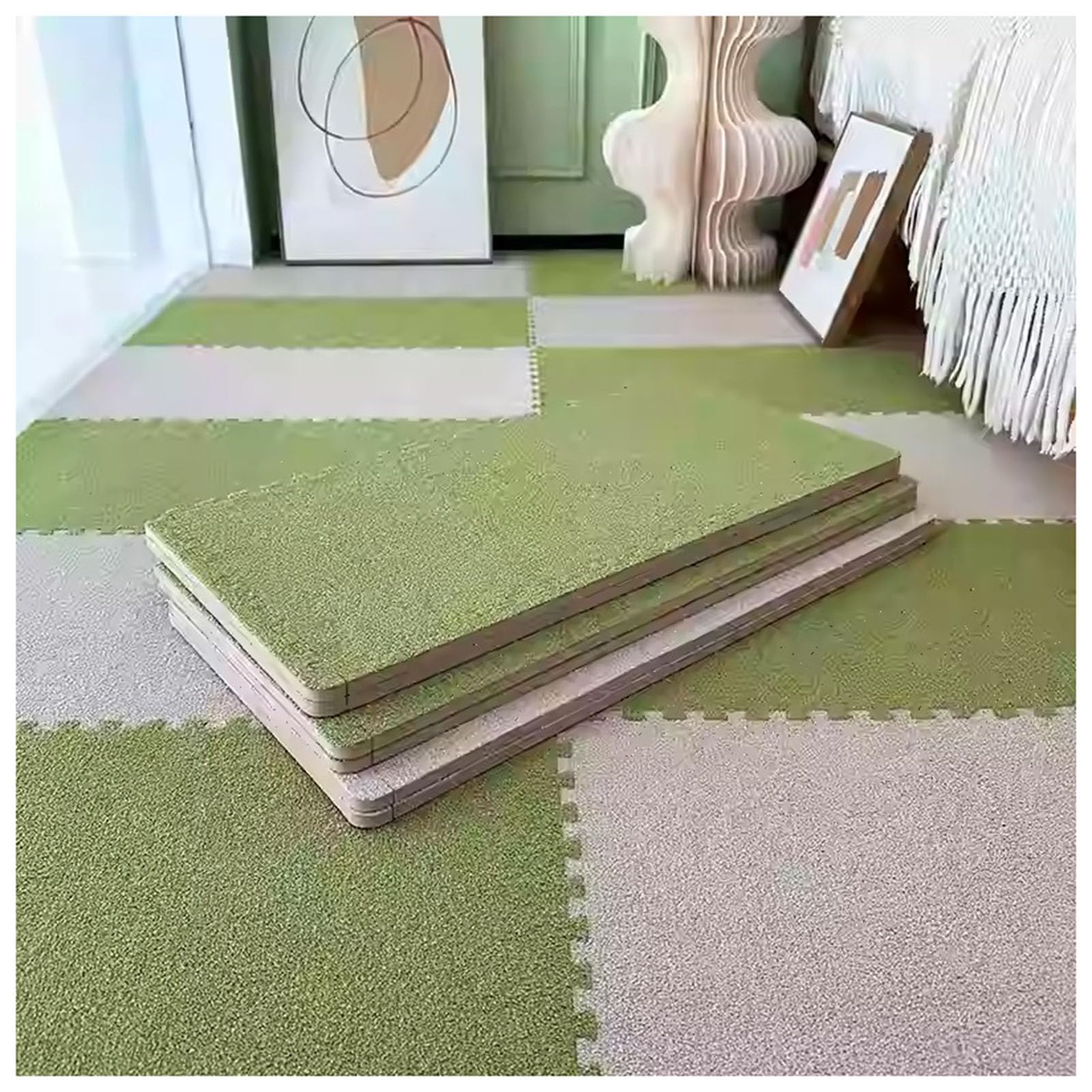 Dywaniki podłogowe z pianki z blokadą, 10 szt., 30 x 60 cm – miękkie pluszowe płytki układanki do pokoju zabaw, pokoju dziecięcego, salonu – gruby jasnobrązowo-zielony dywan – trwała, antypo
