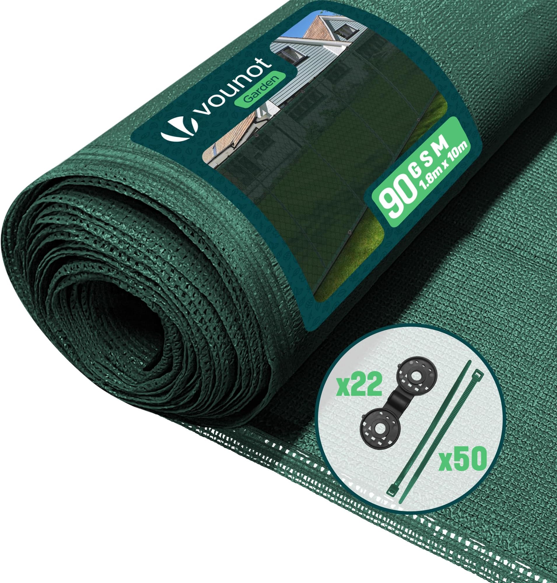 VOUNOT® Privacy Netting 1.8×10m Garden Screening HDPE Shading Net, 75% Shading Rate UV-Resistant, Tear-Resistant Windbreak Fencing with Holes and Cable Ties, Green