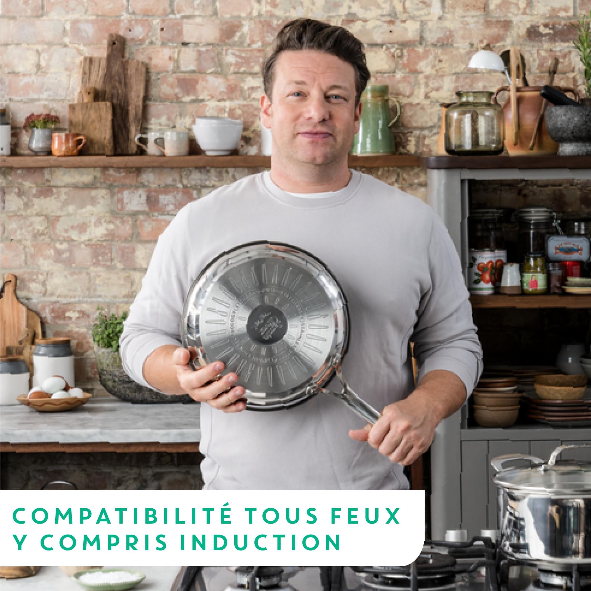 Jamie Olivers Cook's Direct Inox Batterie de cuisine 3 poêles 20/24/28 cm, Revêtement antiadhésif, Indicateur de cuisson, Poignée sûre rivetée, Induction E304S344