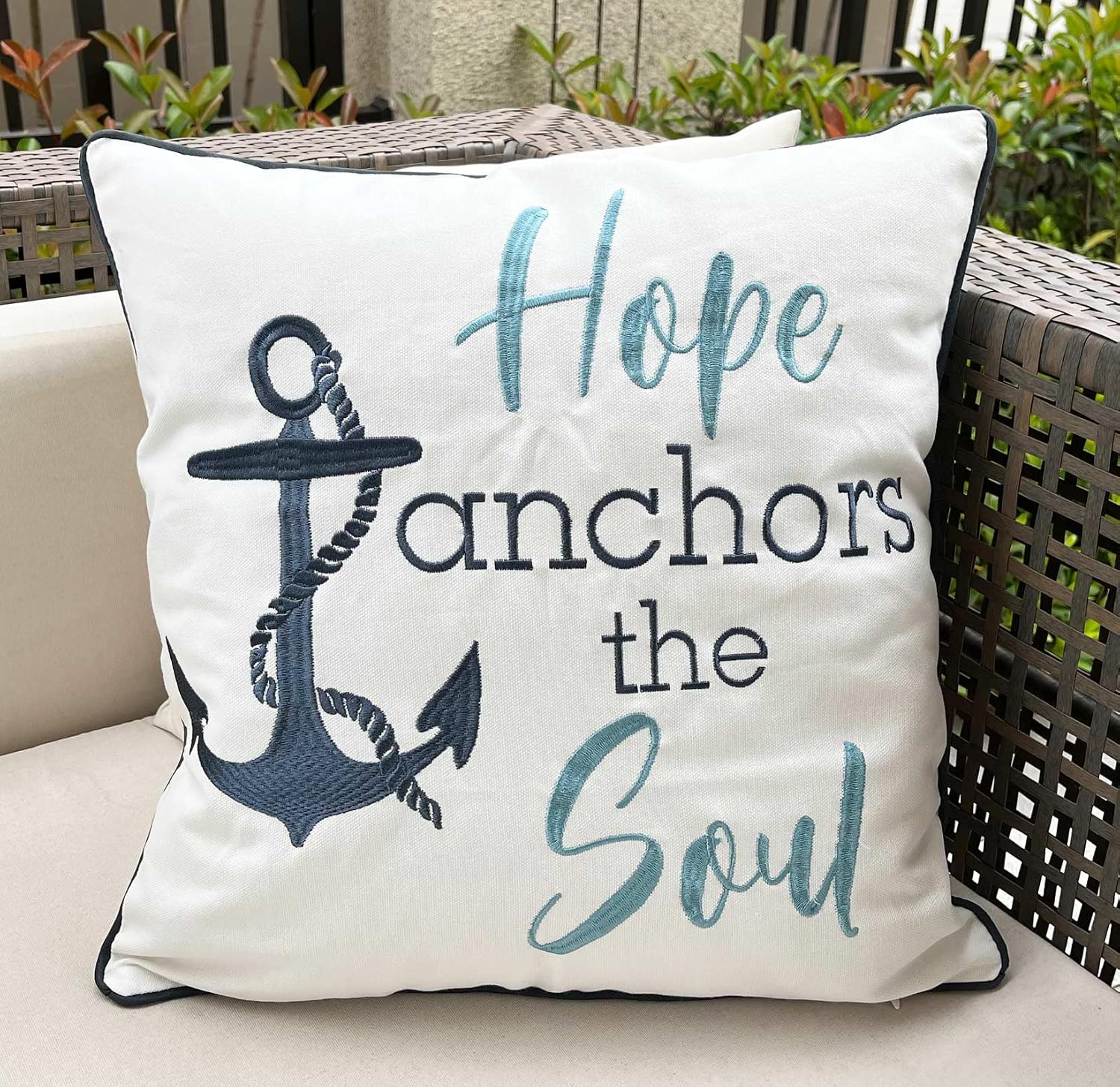 Embroidered Hope Anchors the Soul Throw Pillow Cover,Square 18 inches Decorative Canvas Pillow Cover with Hope Anchors the Soul Pattern,Cover Only image 2