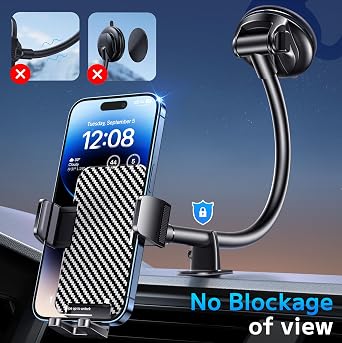 Phone Holders for your Car [Long Flexible Neck] Car Phone Mount [Anti-Shake Stabilizer] Cell Phone Holder Car for Dashboard Windshield Automotive Accessories Fit for iPhone Android Smartphone