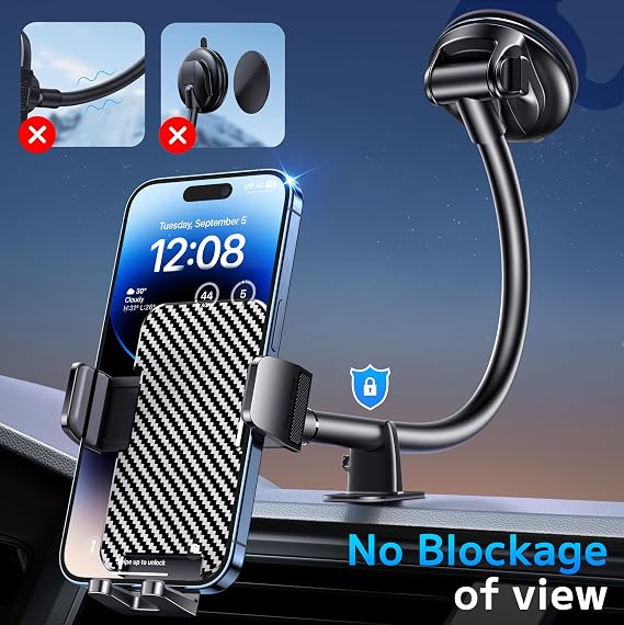 Phone Holders for your Car [Long Flexible Neck] Car Phone Mount [Anti-Shake Stabilizer] Cell Phone Holder Car for Dashboard Windshield Automotive Accessories Fit for iPhone Android Smartphone