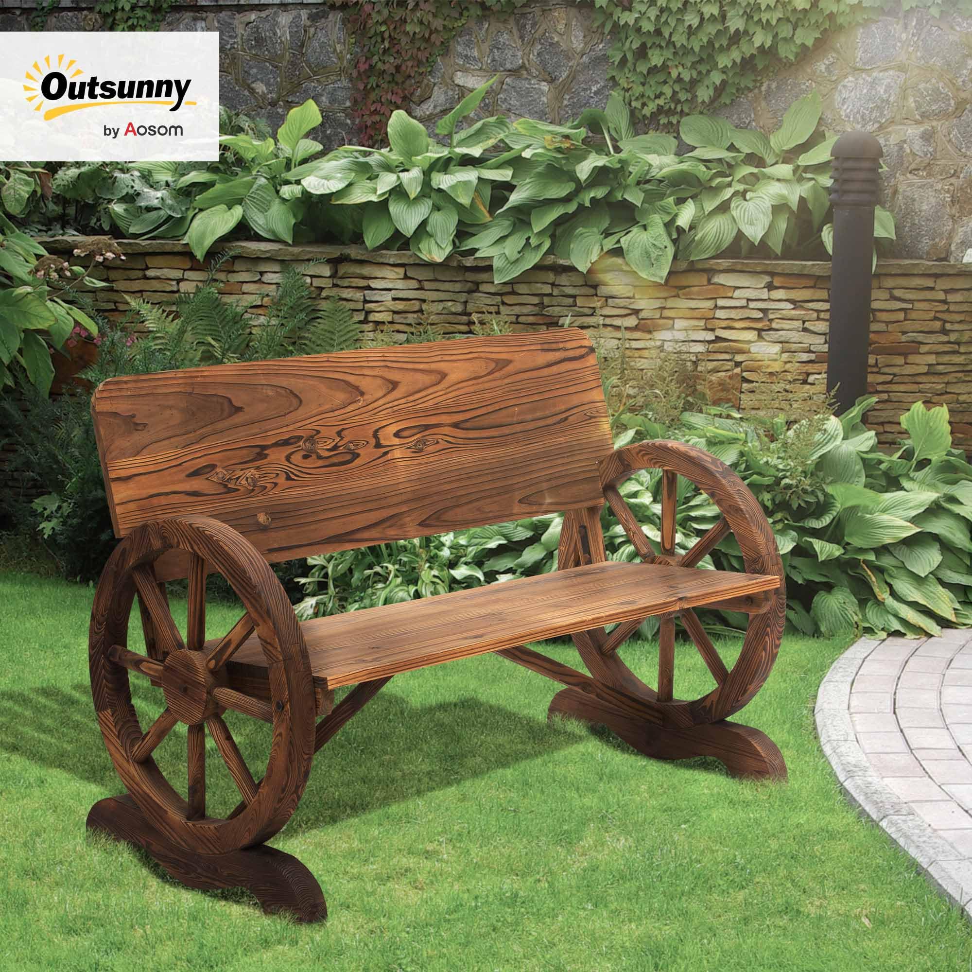 Outsunny Panca da Giardino 2 Posti con Schienale Alto, Panchina in Legno di Abete con Ruote di Carro Laterali, 114x58x80 cm, Marrone Carbonizzato