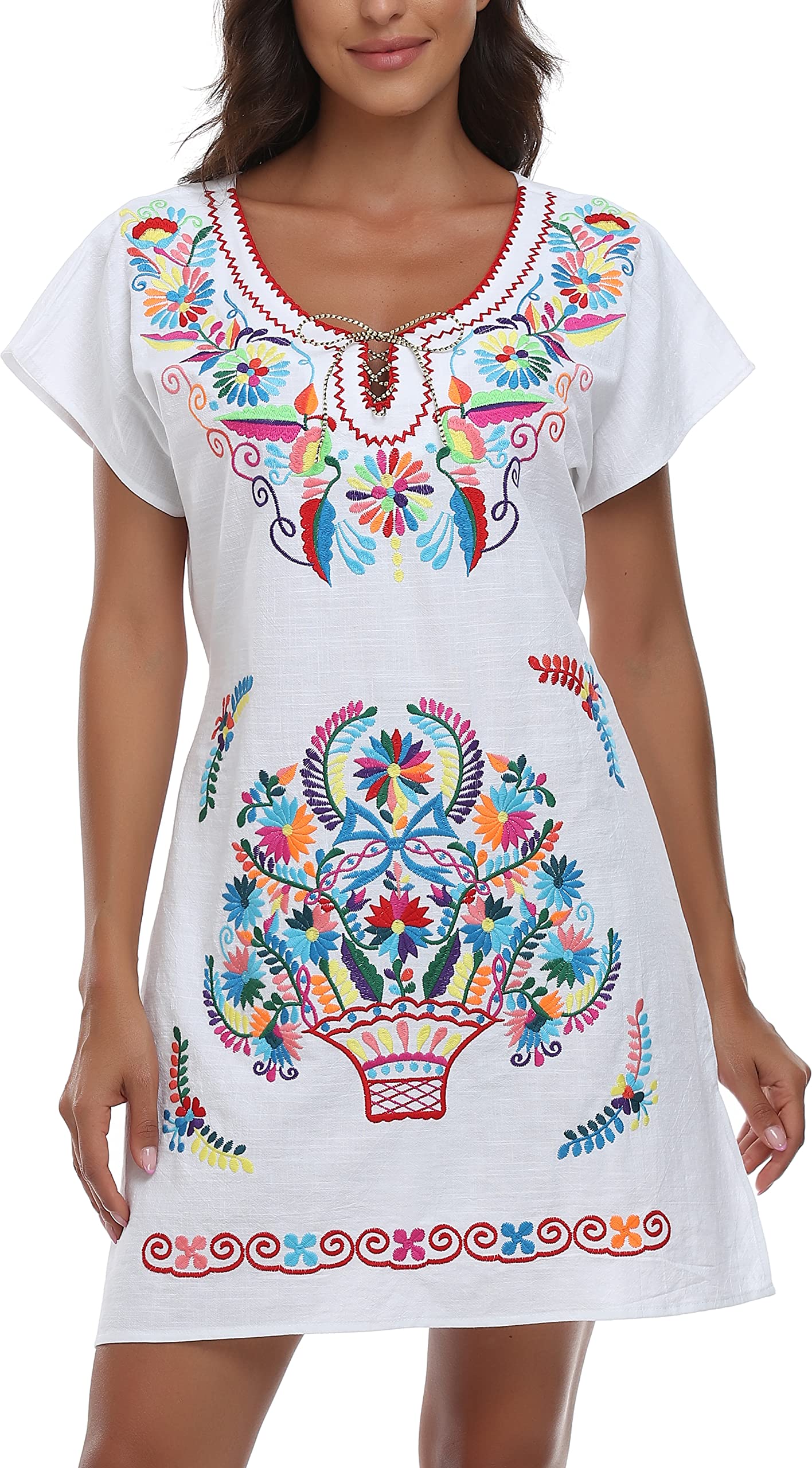 YZXDORWJ Women Mexican Embroidered Fiesta Dress V Neck Dress Short Sleeve