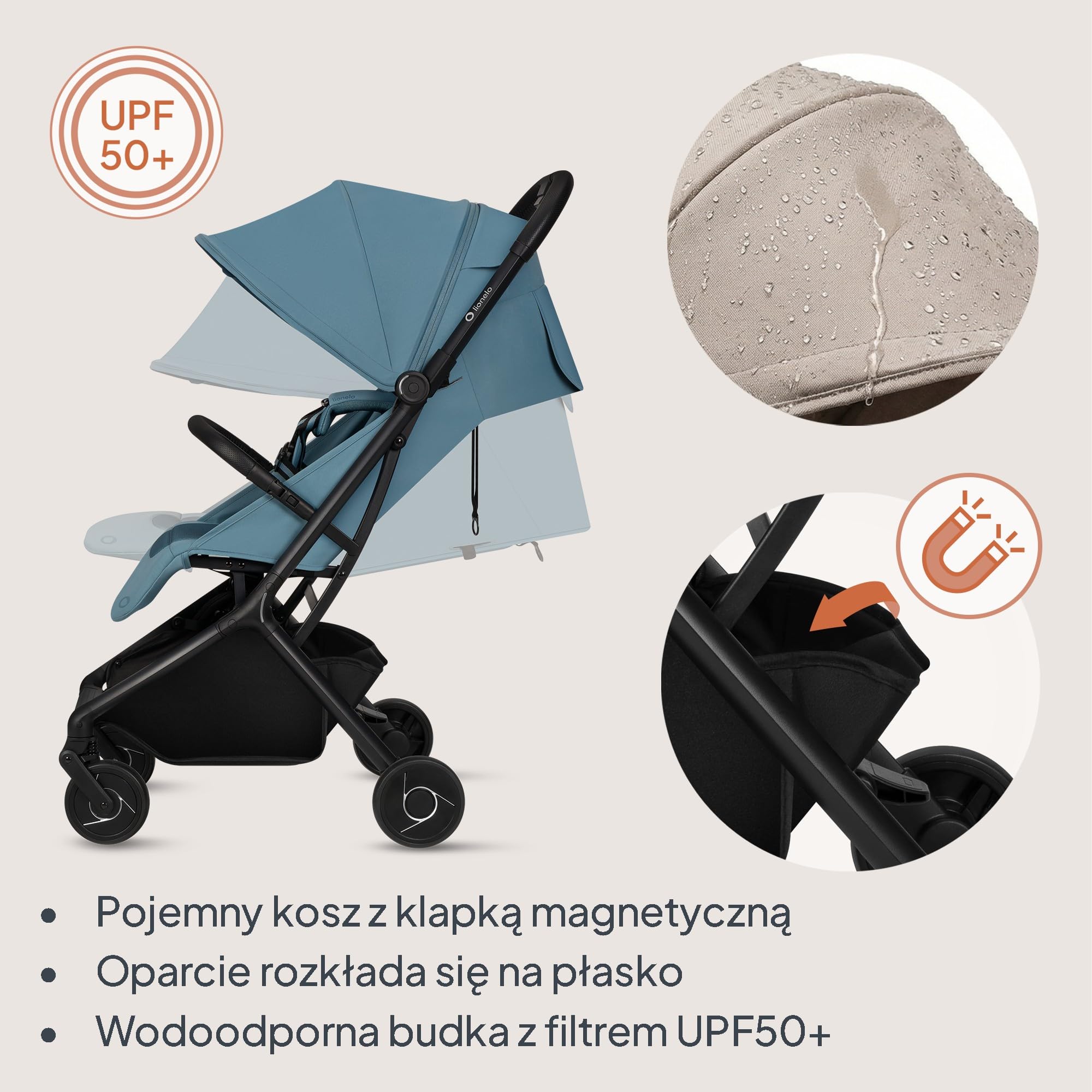 Lionelo Sia wózek podróżny ultralekki i ultra kompaktowy, składany, 5,9 kg, do 22 kg, od 6 miesięcy do 4 lat, pozycja leżąca, zawieszenie, osłona UPF50+, moskitiera, kosz na zakupy 3 kg, uchwyt na
