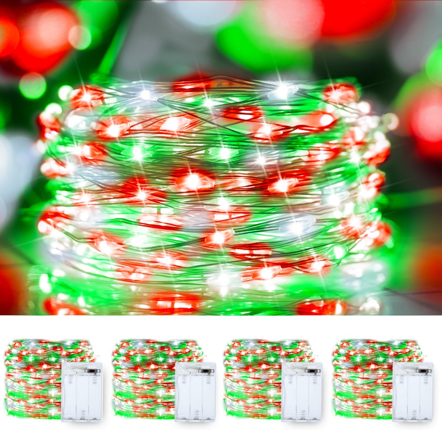 Christmas String Lights Red Green White Copper Wire, 2 Pack 100LED
