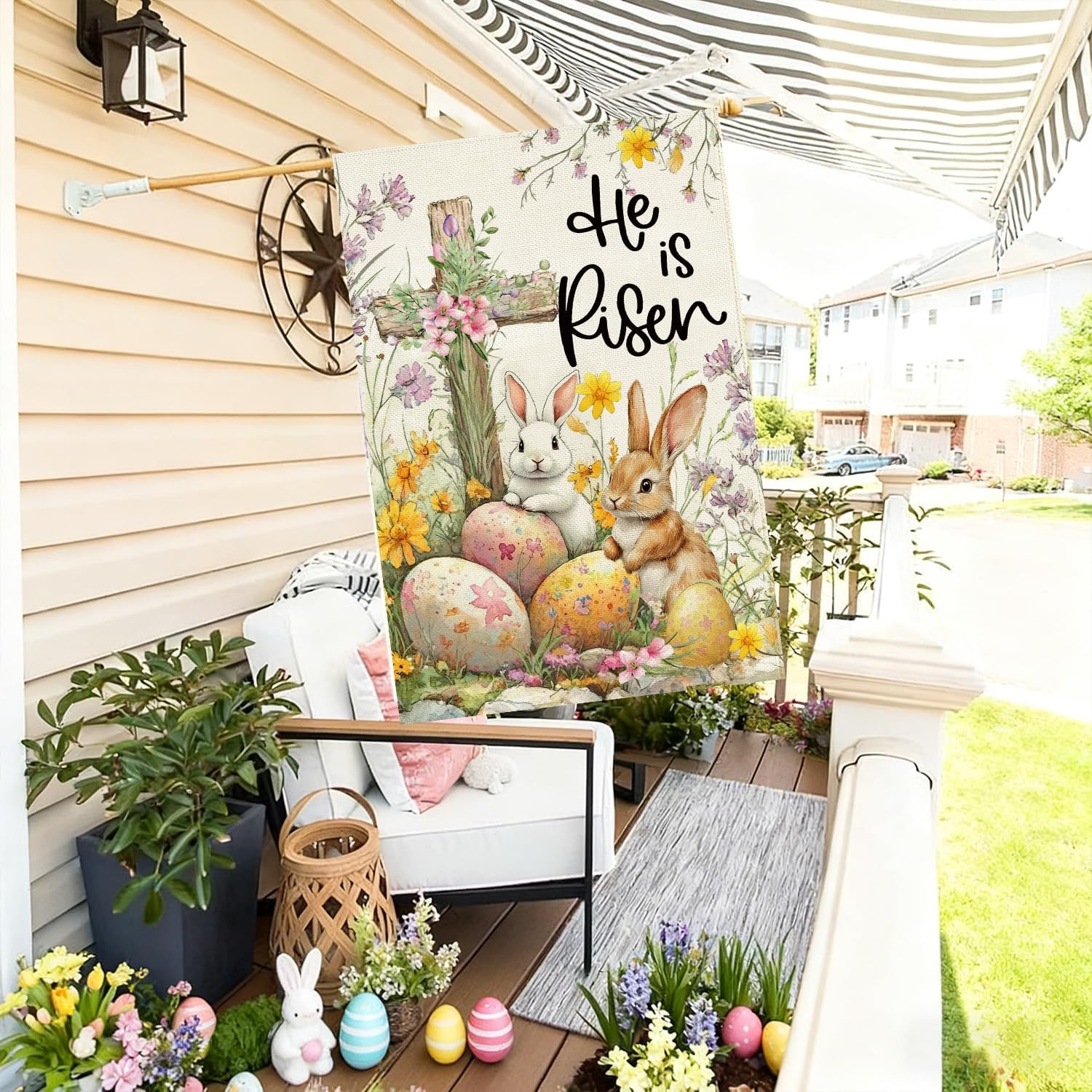 Baccessor Easter House Flag 28 x 40 Inch, Double Sided Burlap Cross He Is Risen Bunny Eggs Floral Farmhouse Large Yard Flag Seasonal Holiday Spring Easter Outdoor Decor - Image 4