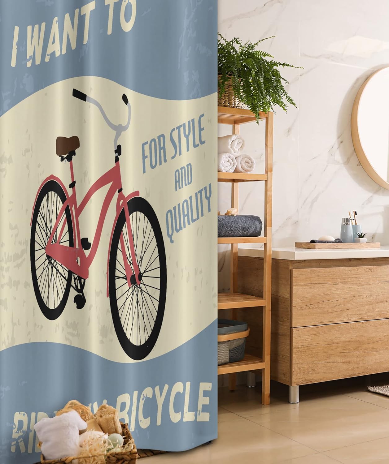 Ambesonne 1960s Stall Shower Curtain, I Want to Ride My Bicycle for Style and Quality Joy Vintage Poster Art, Fabric Bathroom Decor Set with Hooks, 36" W x 72" L, Purple Grey