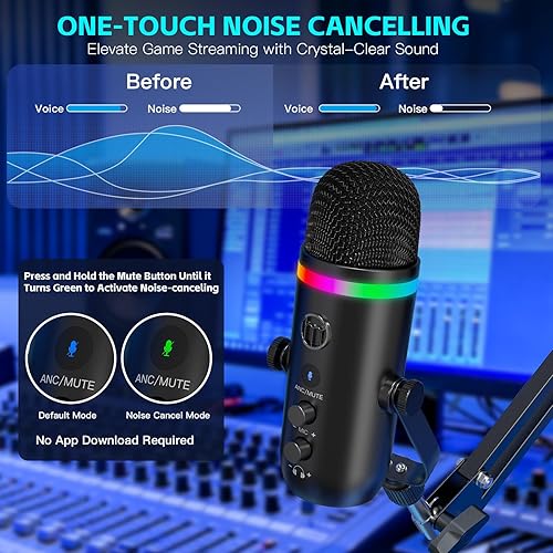 Miniatura 3 de ZealSound Podcast Microphone with Noise Cancellation, RGB Lighting, Mute, Gain, Monitoring & Echo, USB Studio Mic with Boom Arm & Pop Filter for PC,