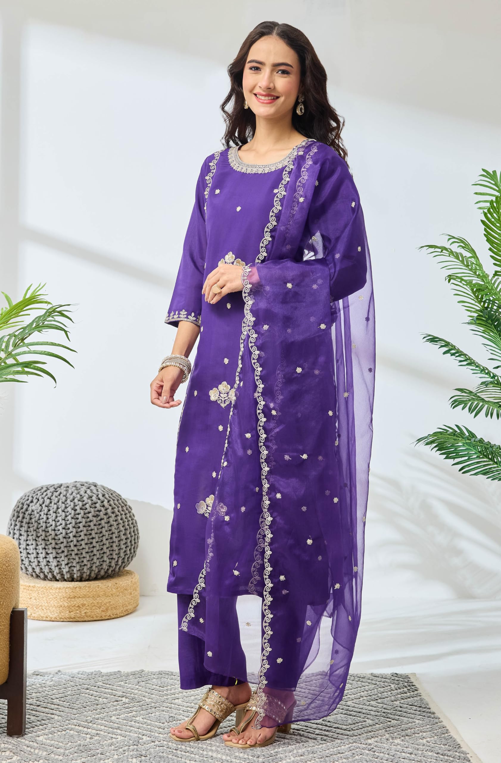 Janasya Women's Purple Silk Blend Embroidered Straight Kurta Set product image 5