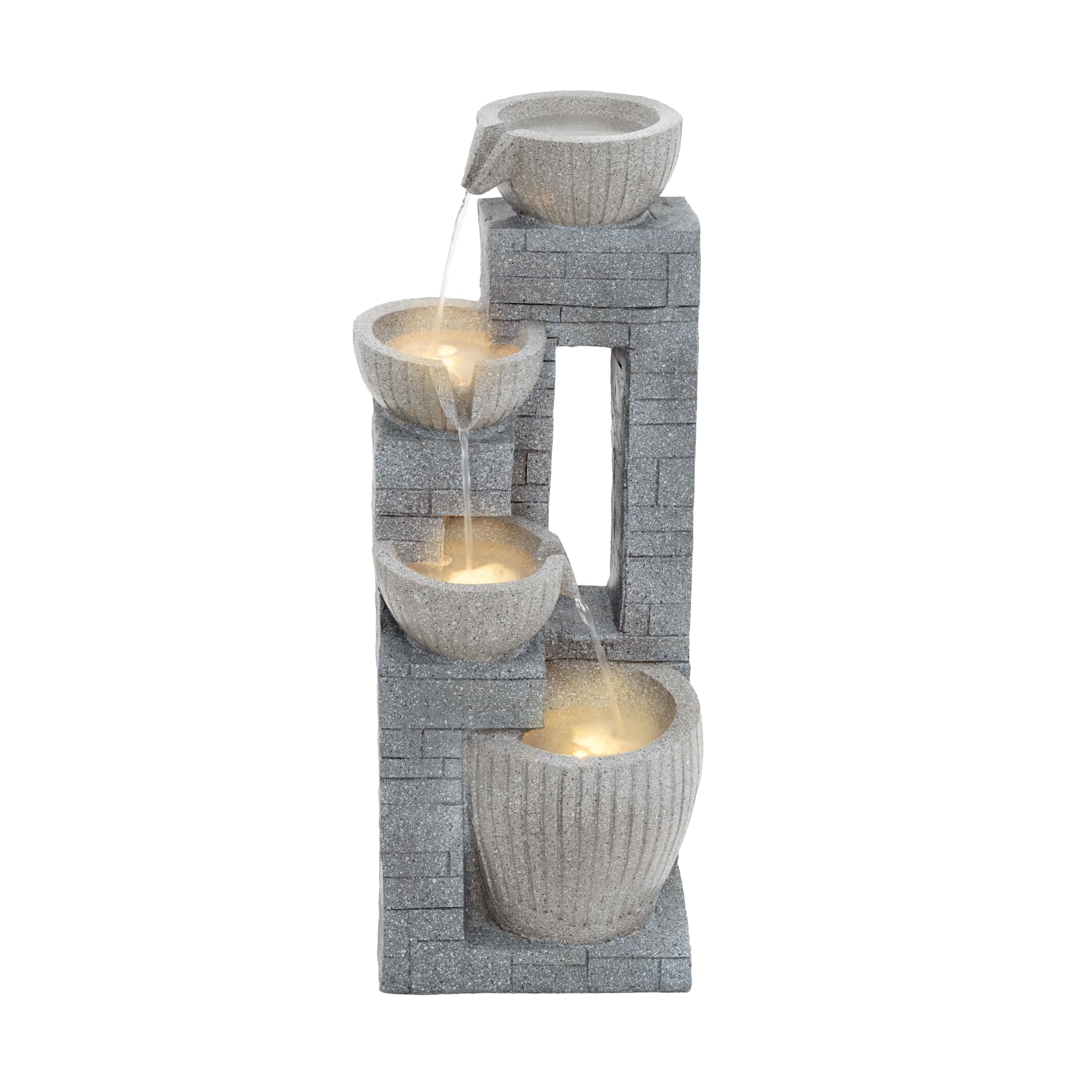 Gartenbrunnen, Brunnen Garten, Gartenbrunnen für Außen, 80 cm Schichtstein-Becken mit LED-Brunnen, aus Rostbeständigem Polyesterharz, für Garten, Terrasse, Balkon & Rasen (Grau)