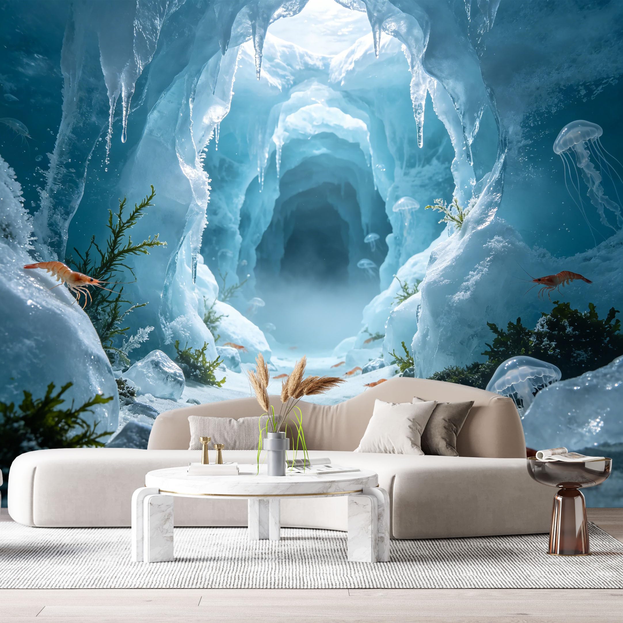 Custom Size Wall Murals Underwater 3D Ice Cave Marine Jellyfish Shrimp SelfAdhesiveWall Fabric Removable Wallpaper Wall Decor for Living Room Bedroom Bathroom