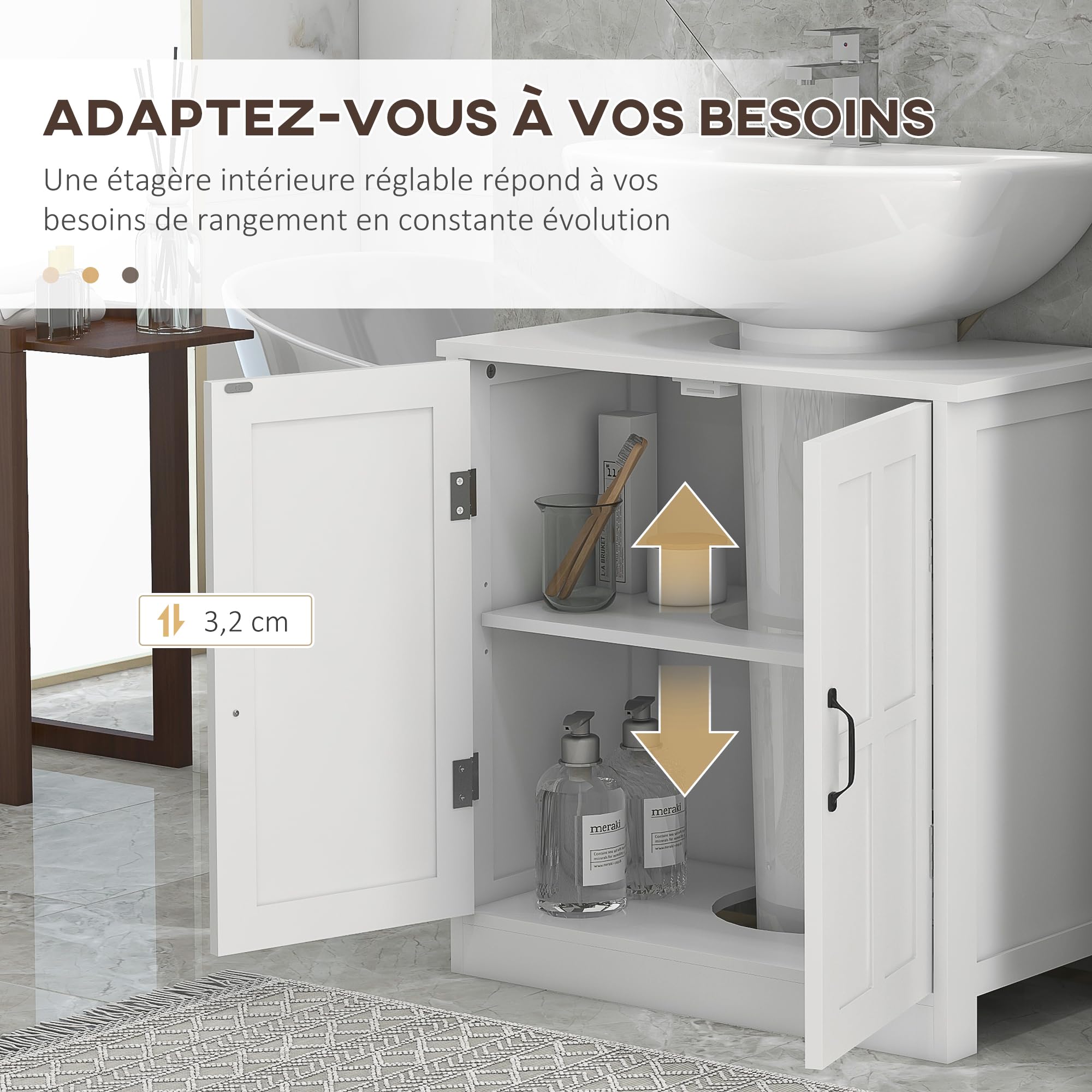 kleankin Meuble sous lavabo Salle de Bain Meuble sous Vasque Armoire de Rangement pour lavabo avec Double Porte et étagère réglable, 60 x 30 x 60 cm, Blanc