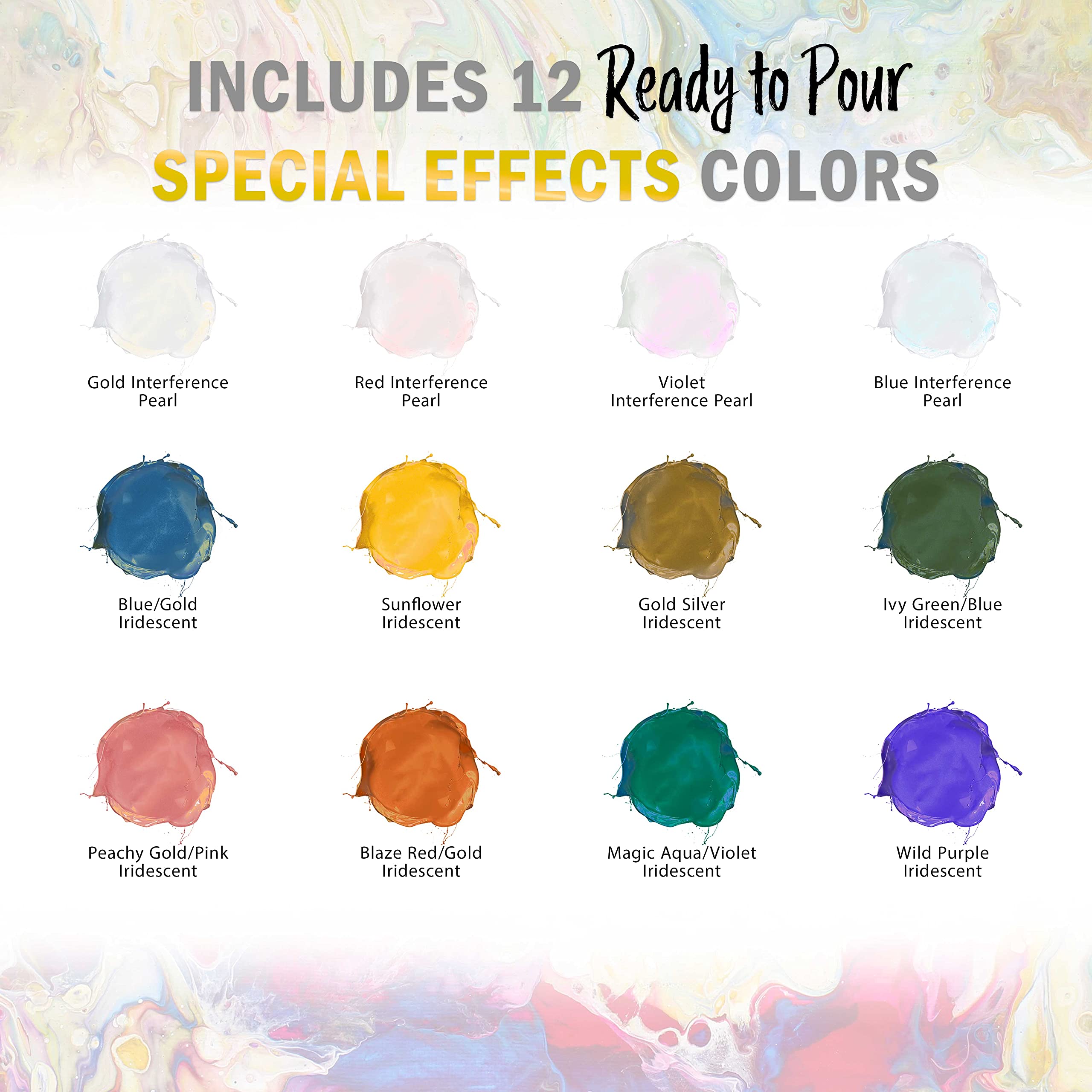 Pouring Masters Kit de peinture acrylique irisée 12 couleurs