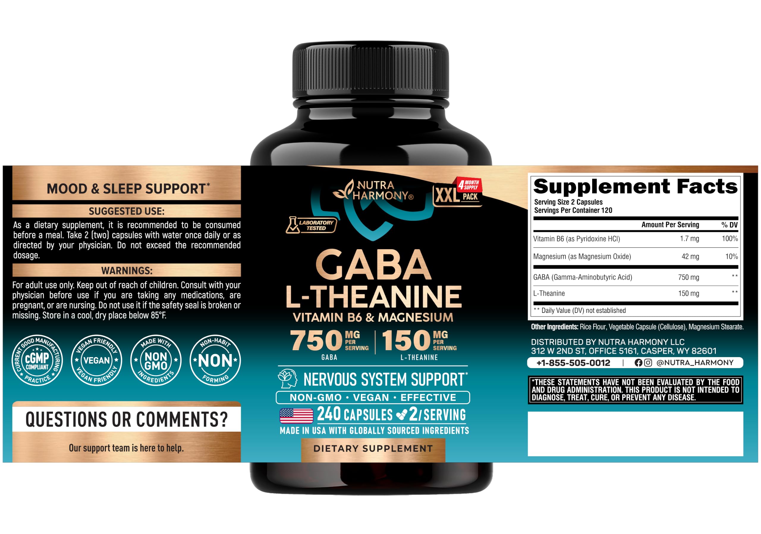 GABA L-Theanine Supplement 900 mg - Calm, Sleep & Relaxation - 240 Caps — Amazon image 2