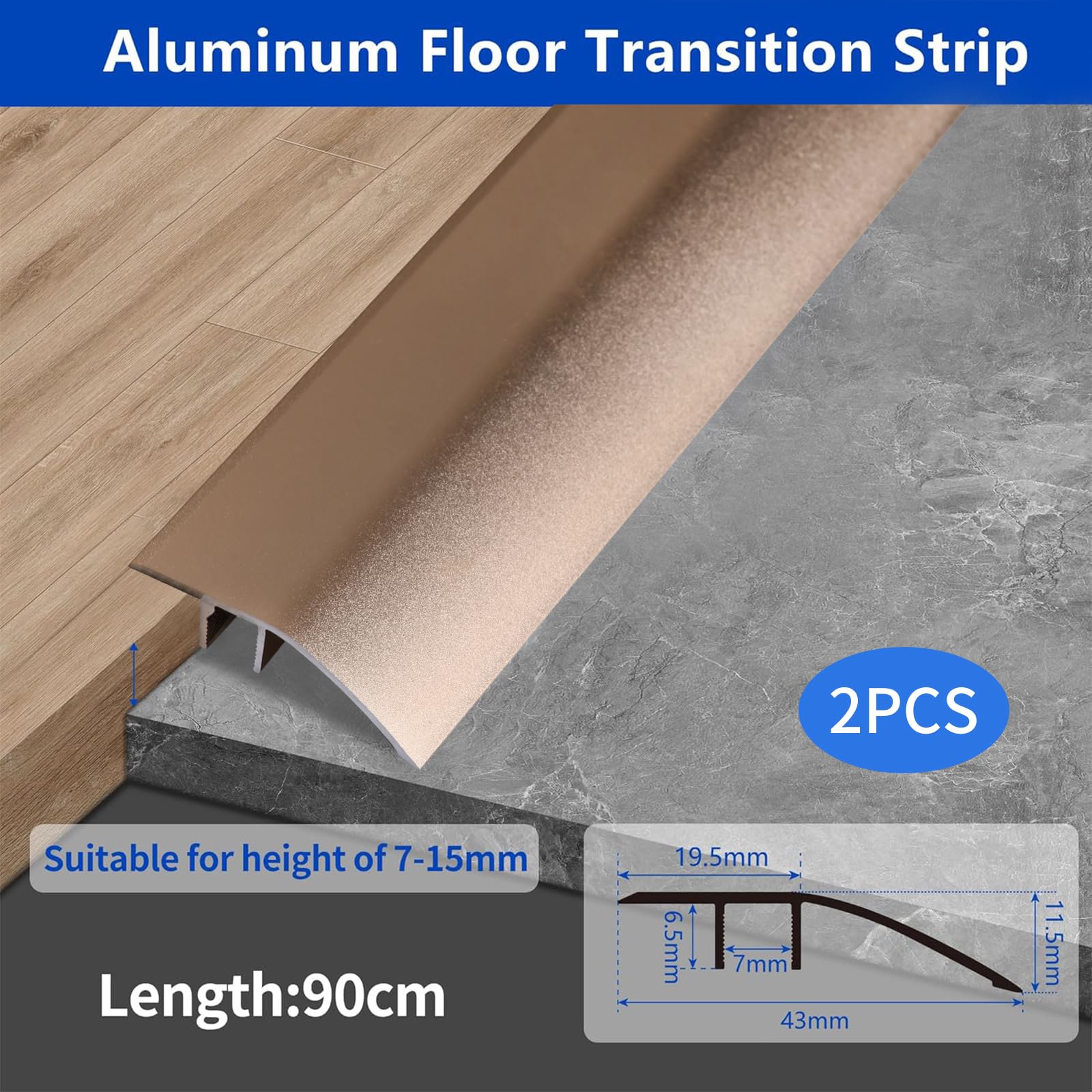 2PCS Aluminum Floor Transition Strip Door Bar,Floor Bar for Doorways Threshold Ramp Tile Laminate Planks,Suitable for Height Difference 6-12mm(Brushed Gold,0.9m × 4.3cm) - Image 2