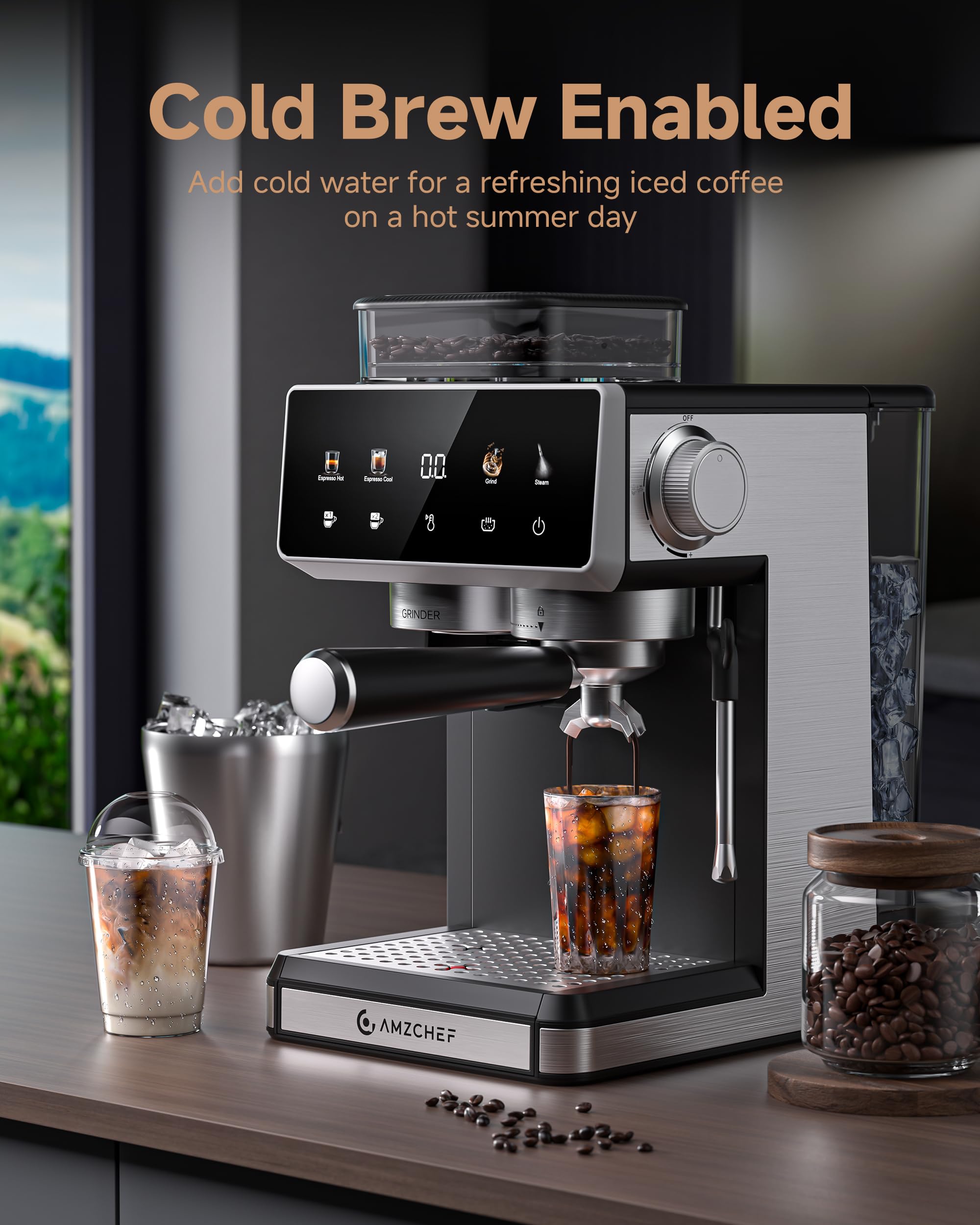 AMZCHEF Espresso Machine with 20 Bar Pressure, Integrated Grinder & 3-Temp Hot/Cold Brew | Versatile Coffee Machine with Milk Frother for Lattes/Cappuccinos, 61oz Water Tank, Black — view 7