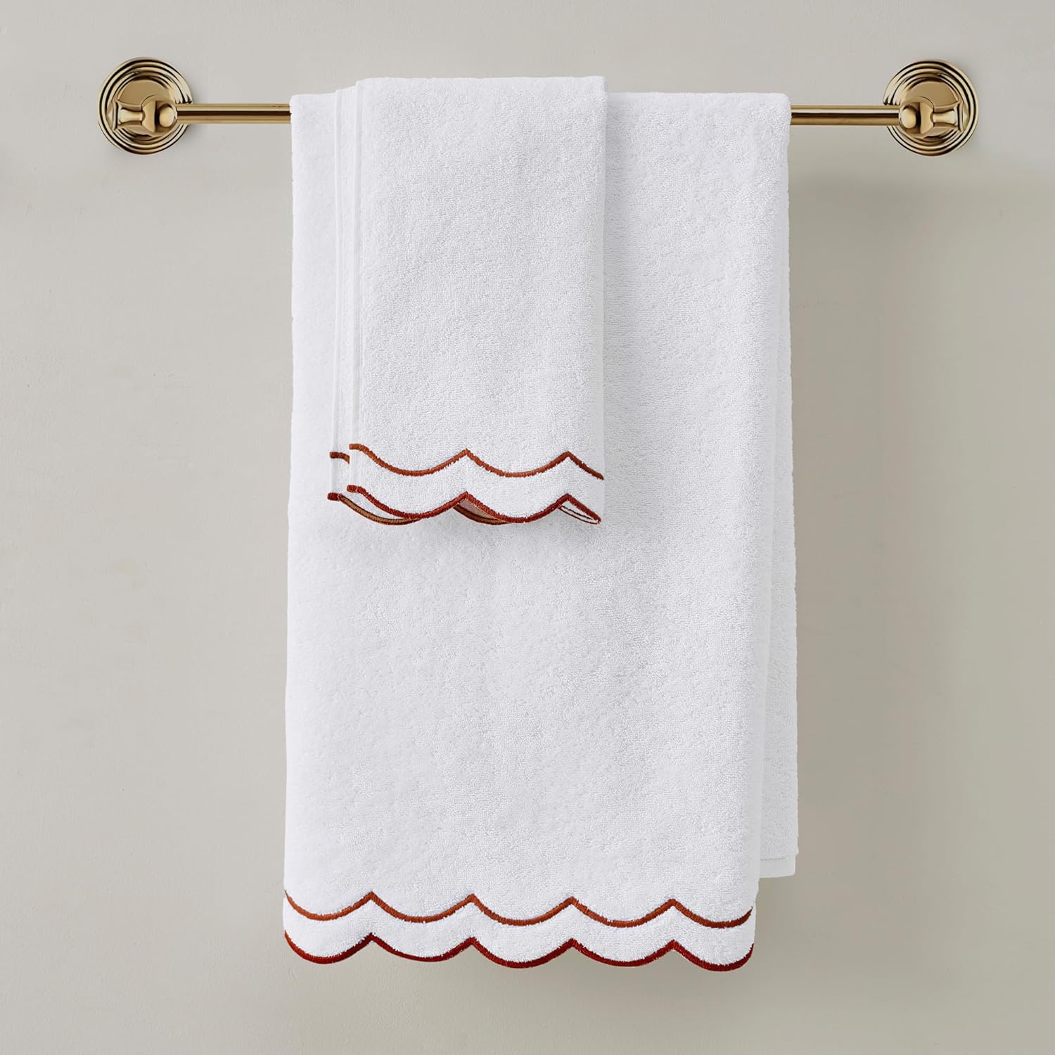 Peri Home 2 Piece Bath Towel Set, 500 GSM, 100% Cotton Towel for Bathroom, Embroidered, Soft & Absorbent, White with Chili Red Scallop
