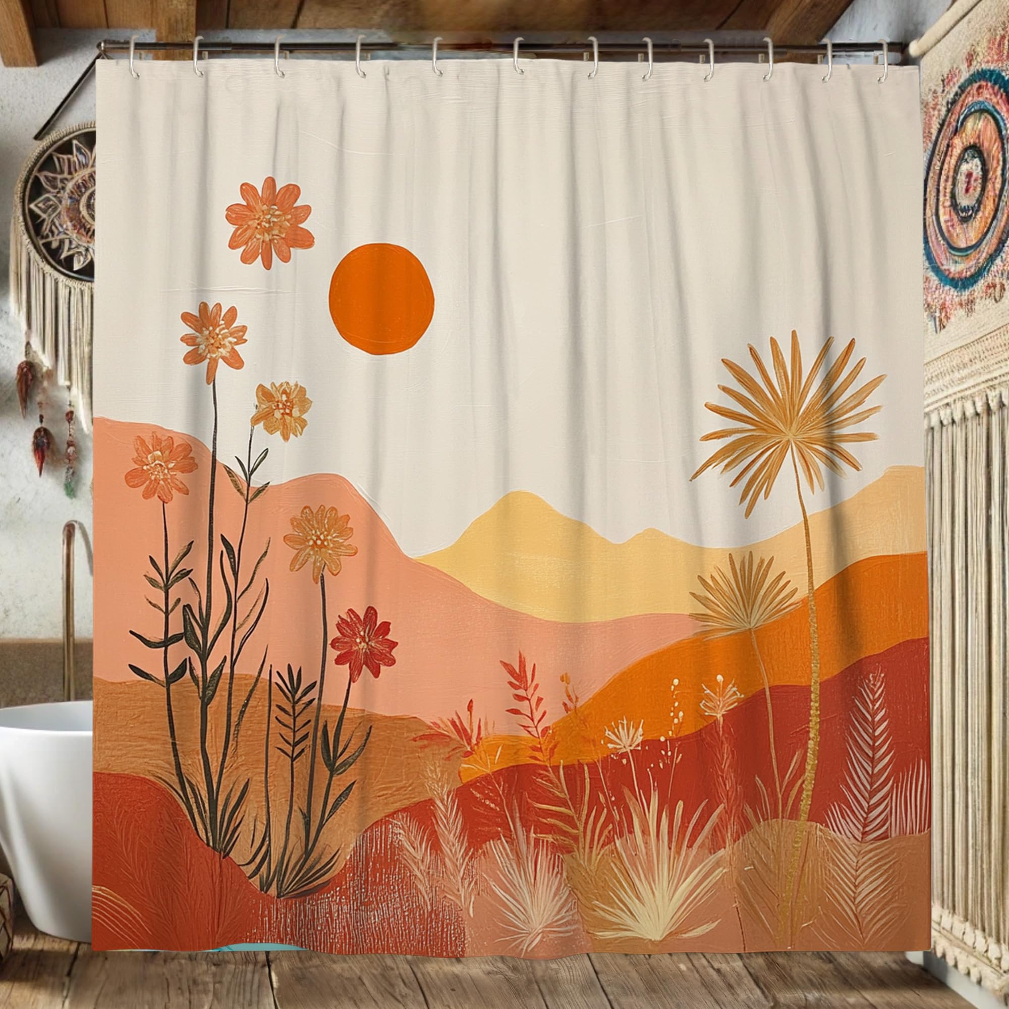 Bohemian Floral Shower Curtain, Terracotta Orange and Beige Flower Shower Curtain for Bathroom Decor, Summer Autumn Modern Rustic Waterproof Fabric Shower Curtain Set with Hooks 62x72 Inch