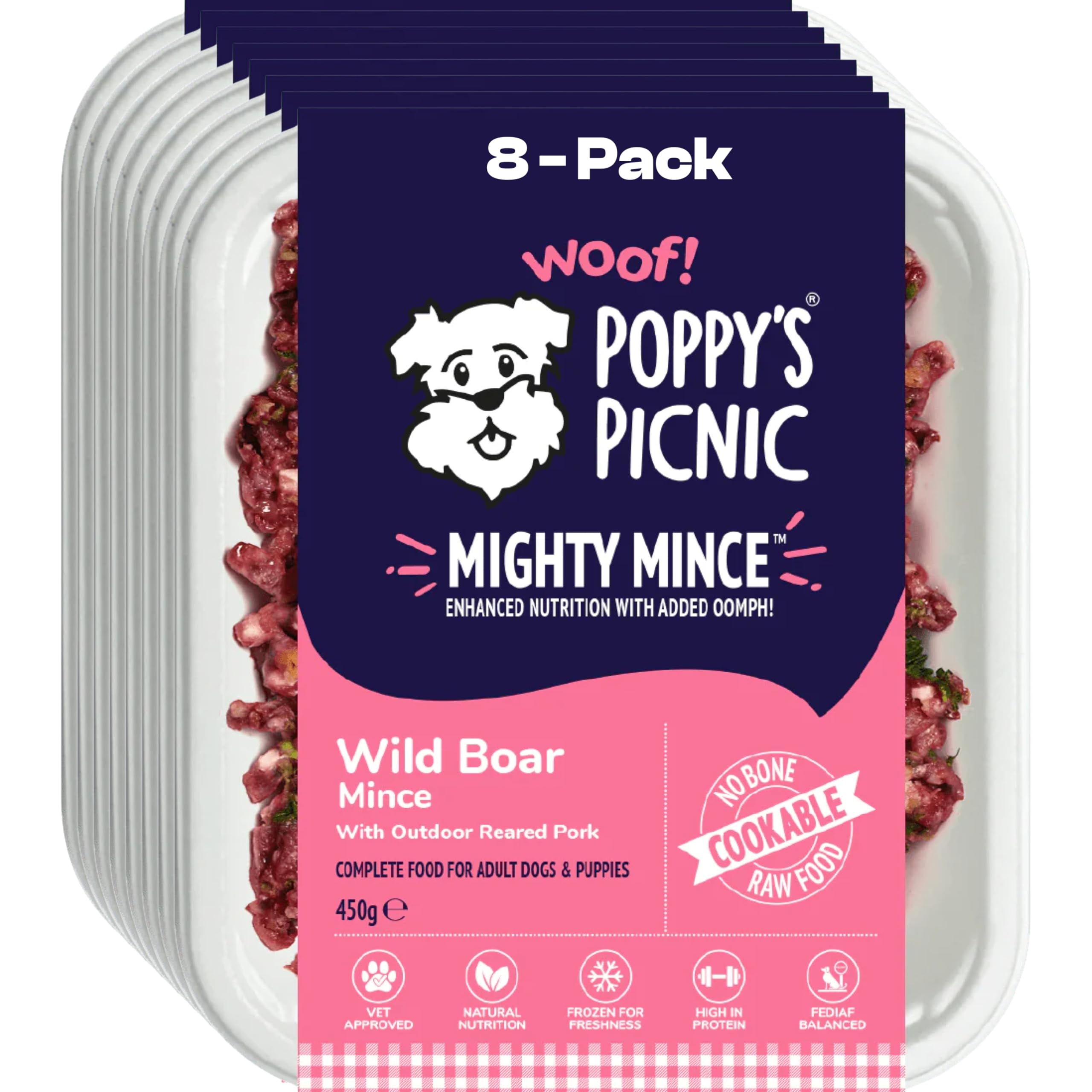 Poppy’s Picnic - MIGHTY MINCE Wild Boar – 8 Pack Raw Frozen Dog Food – High Protein Fresh Food – Frozen Raw – Complete Wild Boar Mince for Dogs – 8 x 450g