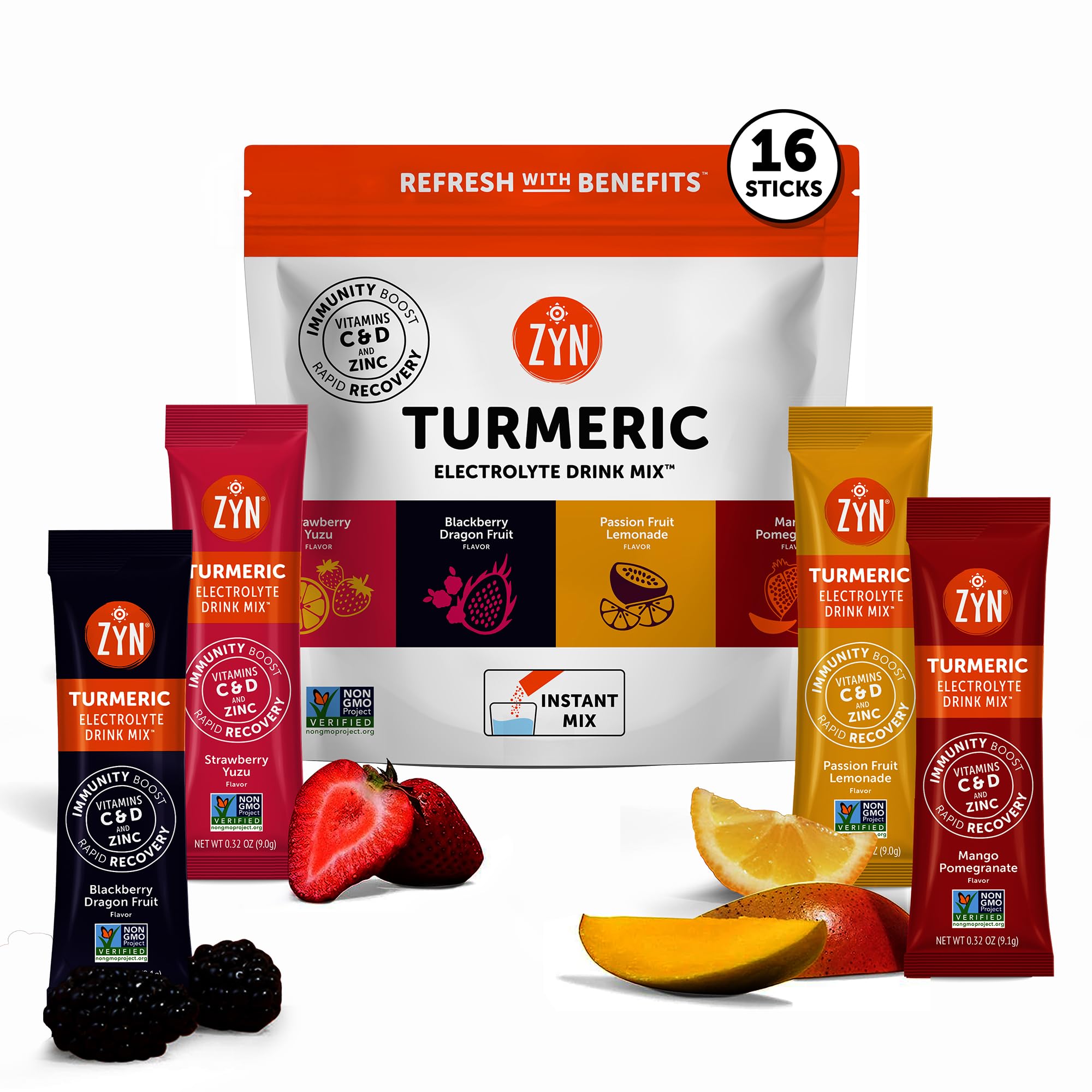 Electrolyte Drink Mix Hydration Packets, Electrolytes Powder, Hydration Packets w/Turmeric Curcumin, Vitamin C and D, Zinc, Hydrate Electrolyte Powder Packets for Wellness, Variety Pack of 16