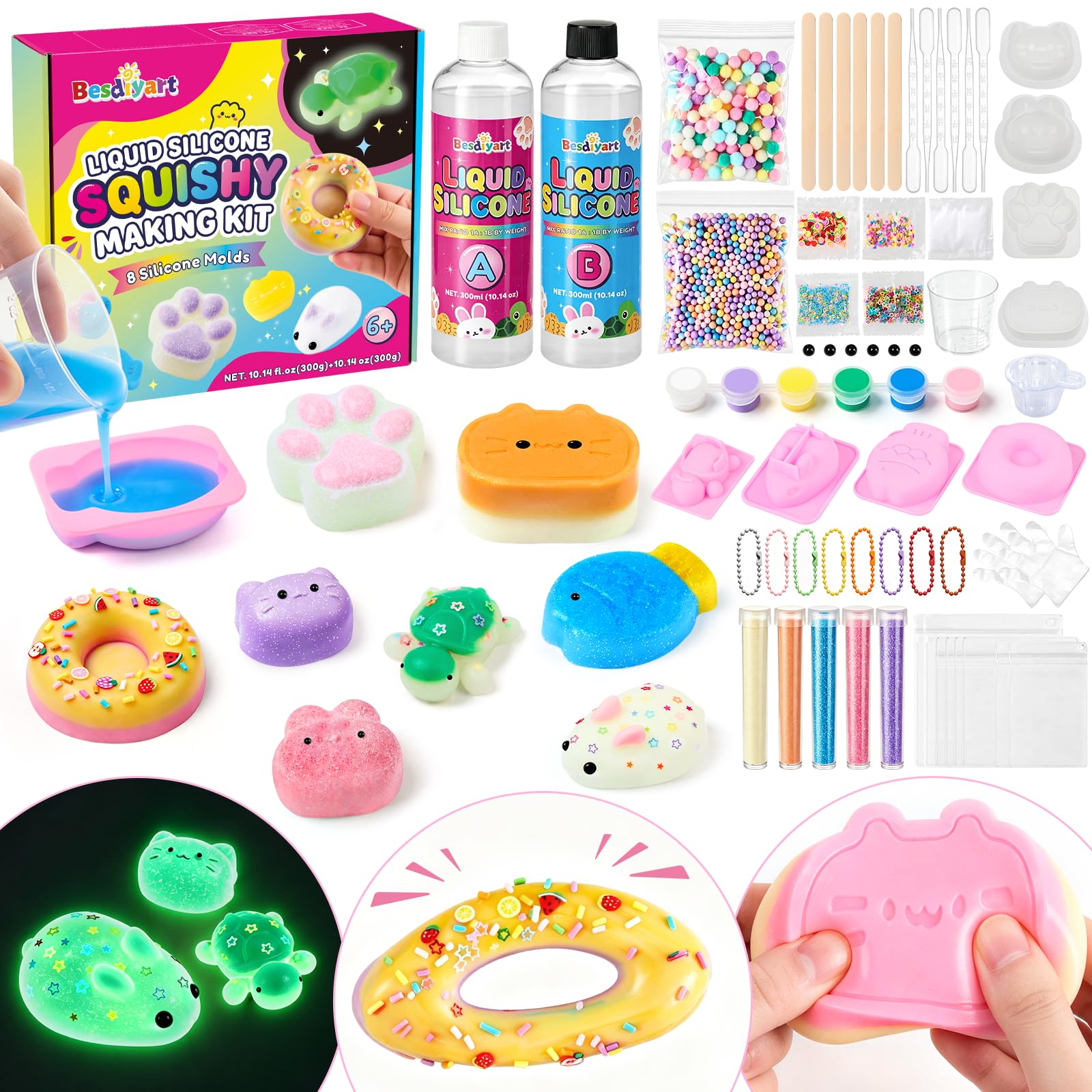 Liquid Silicone Squishy Making Kit, 600ml 1:1 AB Liquid Silicone DIY Craft Set, Cat Paw Soft Stress Relief Toy with Glow Pigments, Glitter, Sequins, Full Decor Accessories, Creative Gift for Kids 6+