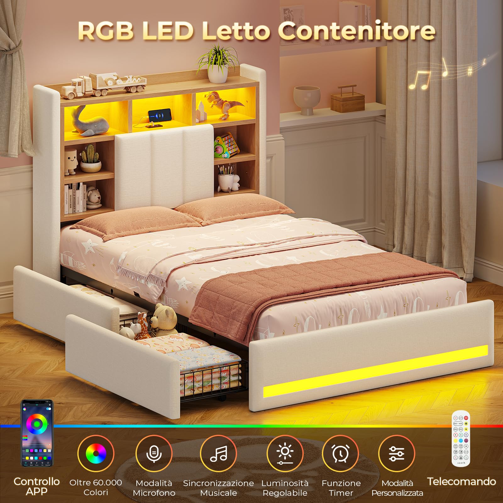 AOGLLATI Letto Singolo Imbottito 90x200 con Cassetti, Letto Contenitore