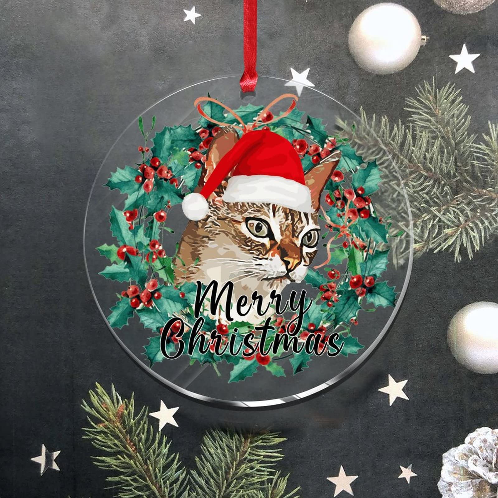 Adorno Navideño De Gato En Acrílico 2D | Colgante Para árbol, Pared, Puerta | Diseño Con Gorrito Y Campanas | Decoración Café, Boda, Evento Mascotas | Manualidades Niños
