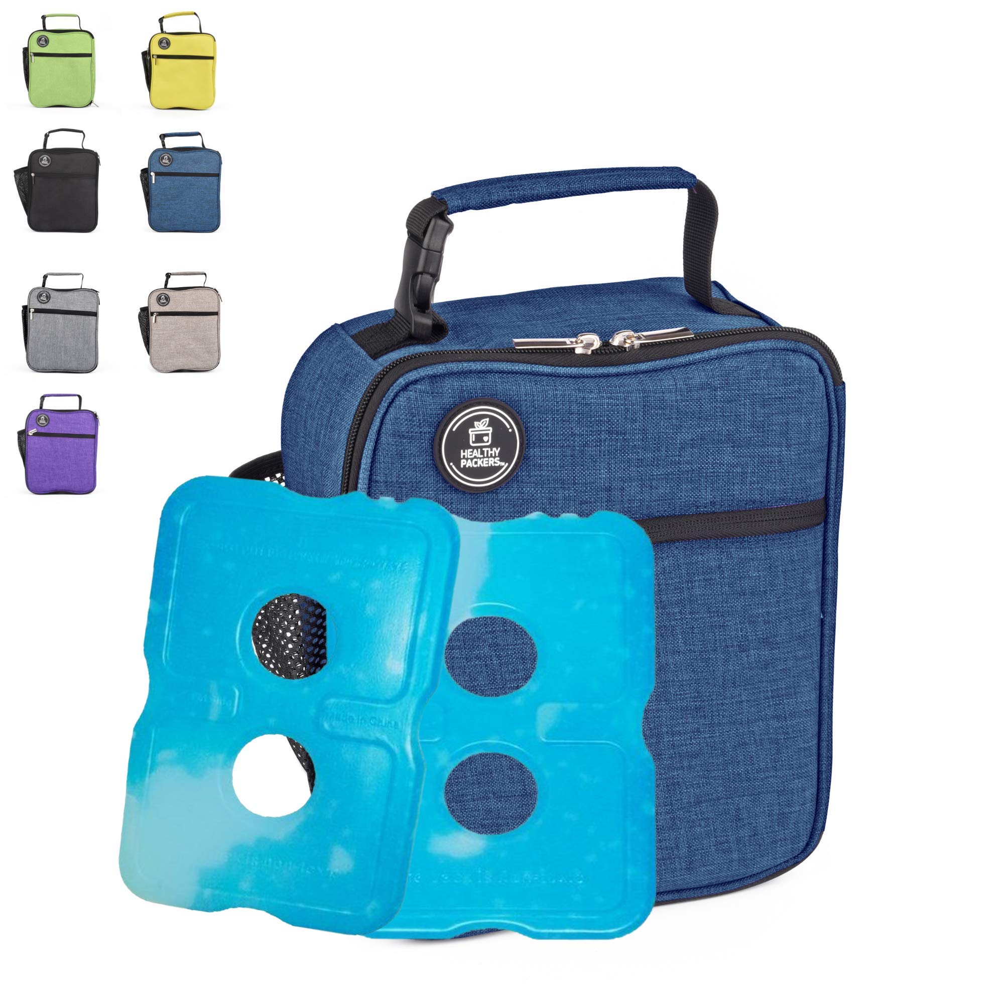 Healthy Packers Insulated Lunch Box for Adults and Kids w/ 2 Slim Long Lasting Ice Packs - Professional Work Lunch Bag for Men and Women - Heavy Duty School Lunchbox for Boys and Girls (Dark Blue)