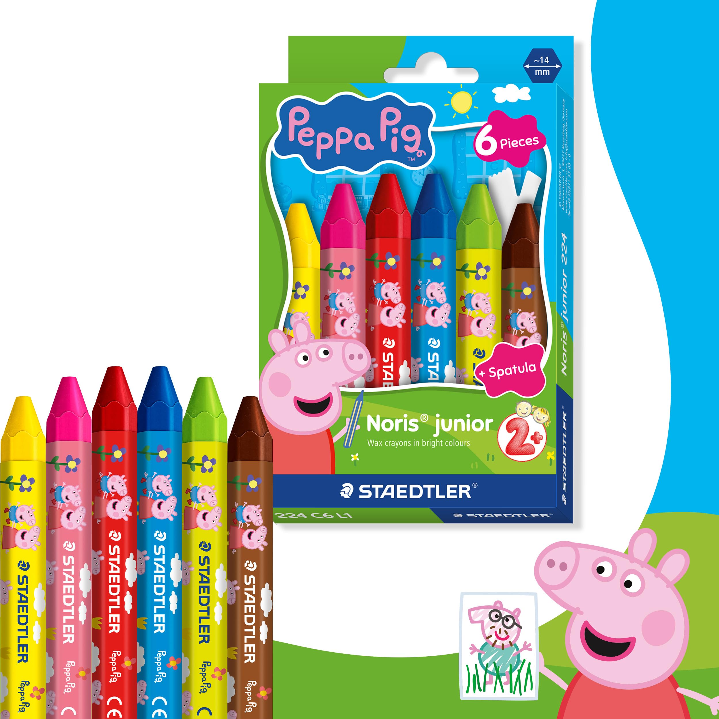 STAEDTLER Noris junior pastelli a cera Peppa Pig set da 6 – pastelli spessi per colorare grandi superfici e tecniche creative – per le piccole mani