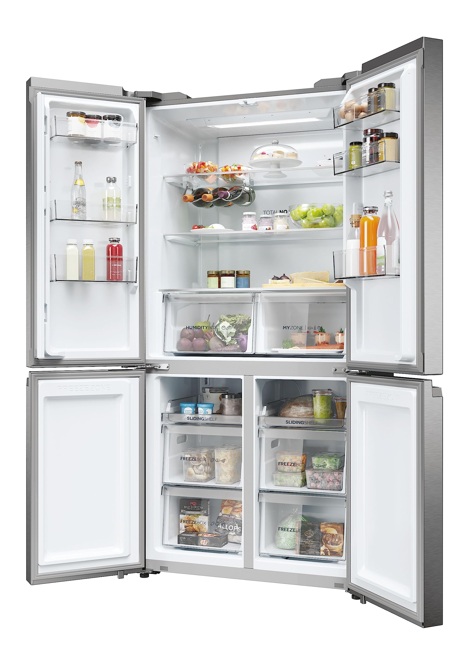 Haier Cube 90 Series 5 Frigorifero Multidoor 4 Porte 528 Litri, Total No Frost, Air Surround, MyZone, Humidity Zone, T-ABT, Inverter, Classe E, 190 x 90,8 x 64,8 cm, Platinum Inox HCR5919ENMP