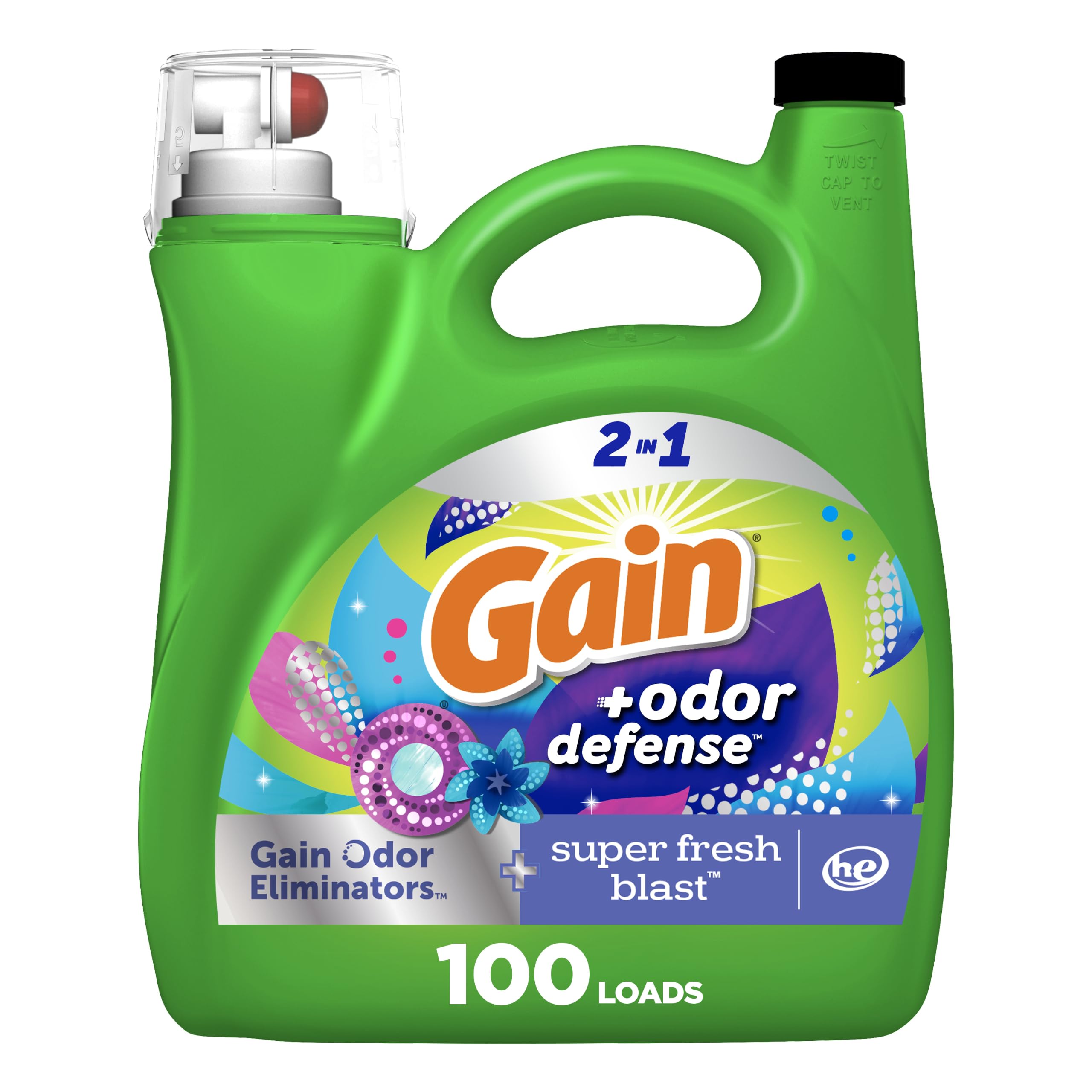 Gain + Odor Defense Liquid Laundry Detergent, Super Fresh Blast Scent, HE Compatible Washing Soap, 144 fl oz, 100 Loads (Packaging May Vary)