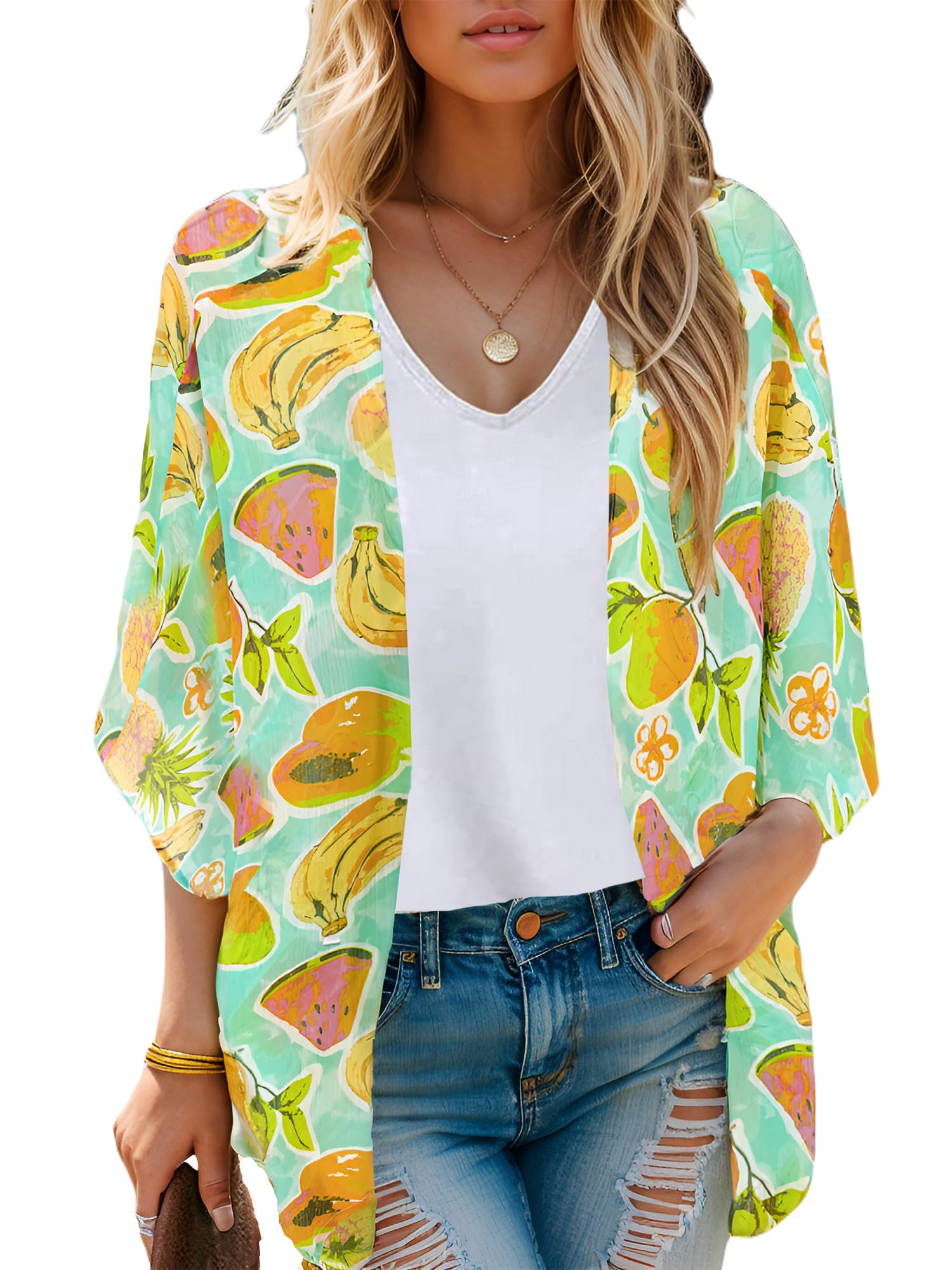 Moss Rose Women's Beach Kimono Coverup Sheer Chiffon Cover Ups, Casual Loose Open Front Cardigan Tops