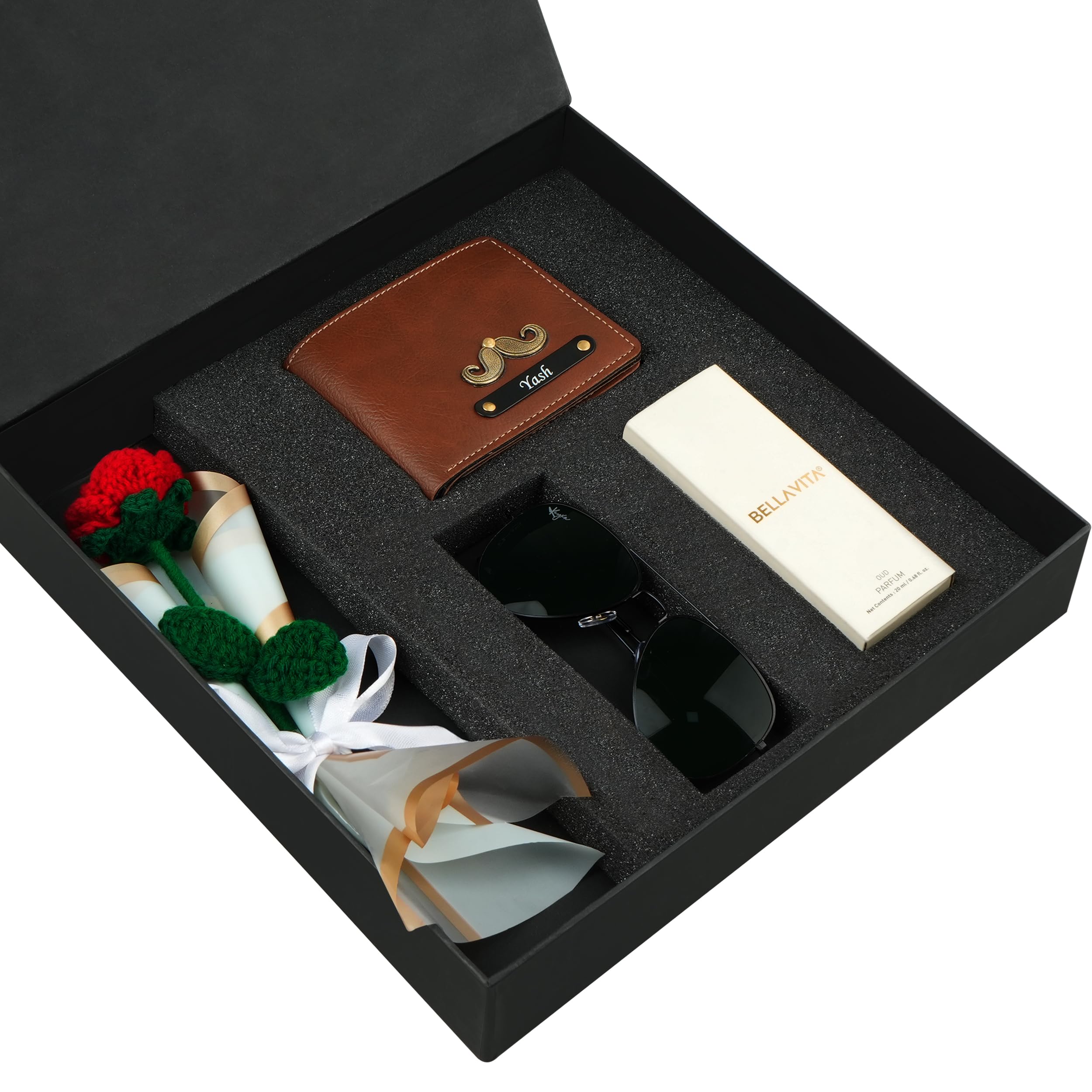Personalized Gentlemen’s Surprise Gift Set with Leather Wallet, Sunglasses, Perfume & Handmade Rose | Custom Gift Box for Birthday, Anniversary, Valentine’s Day, Etc (Brown)-image-16