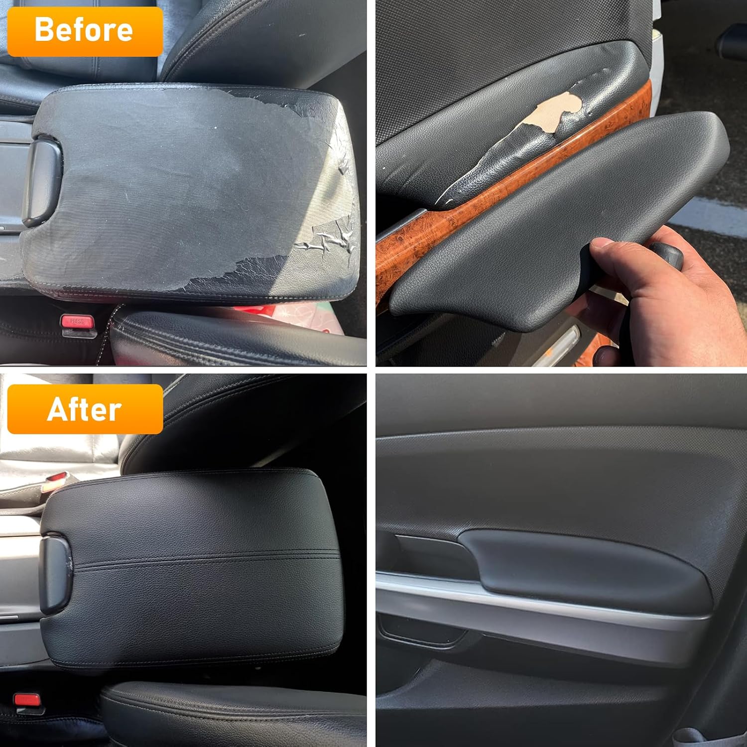 Compatible with Honda Accord Sedan 2008-2012 Center Console Cover & Front Door Panels Armrest Replacement,Leather Front Door Panel Lids Armrest Cover Set for Accord EX/EX-L/LX/LX-P/SE(Black)
