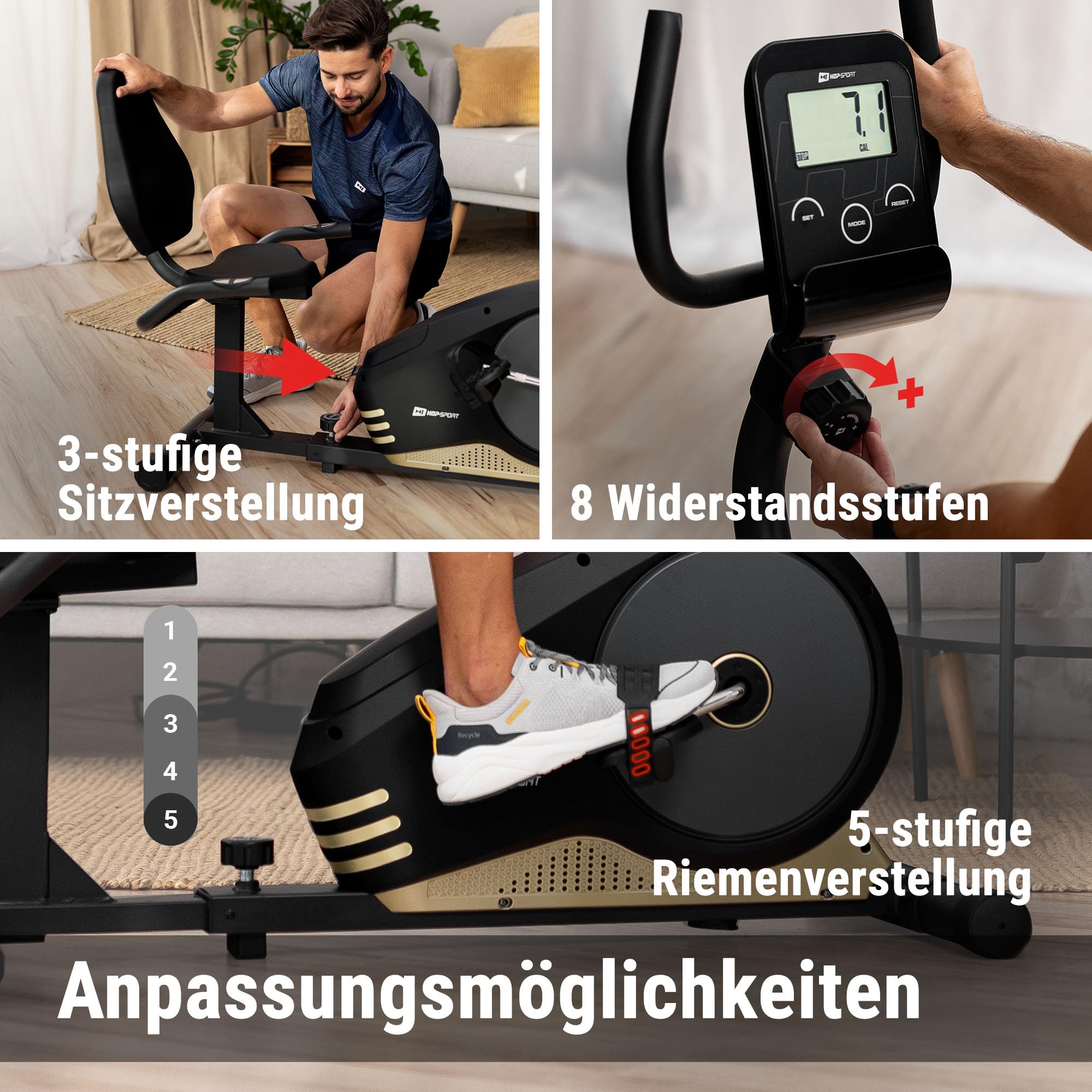 Hop-Sport Root Liegeergometer - Liegeheimtrainer mit Handpulssensoren, 9,5 kg Schwungmasse, 8 Widerstandsstufen - Sitzergometer max. Benutzergewicht 120 kg