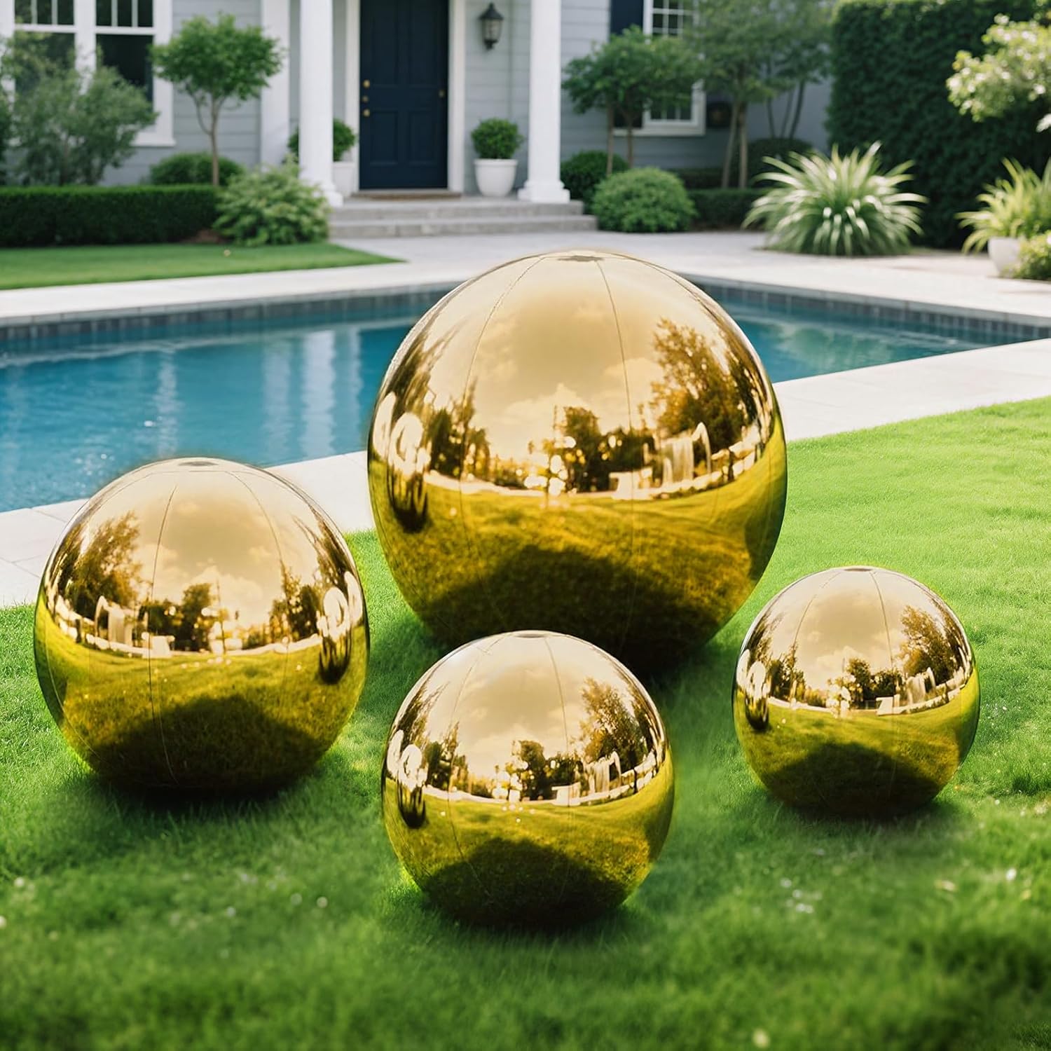 Photo 1 of Inflatable Mirror Ball Set,Reusable Mirror Balls Large Event Decoration Balloon PVC Inflatable Disco Ball with Electric Pump For Event,Stage Concert,Party, Wedding Decor (Gold, 4Pcs+Pump) 