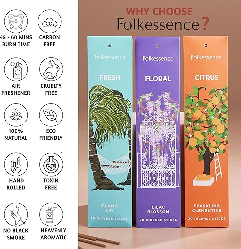 Miniatura 4 de Folkulture Varitas de incienso con soporte, juego de 3 Insenses (60 varillas de insencia) para la calma, Clementina, lila, Island Air Inscents,