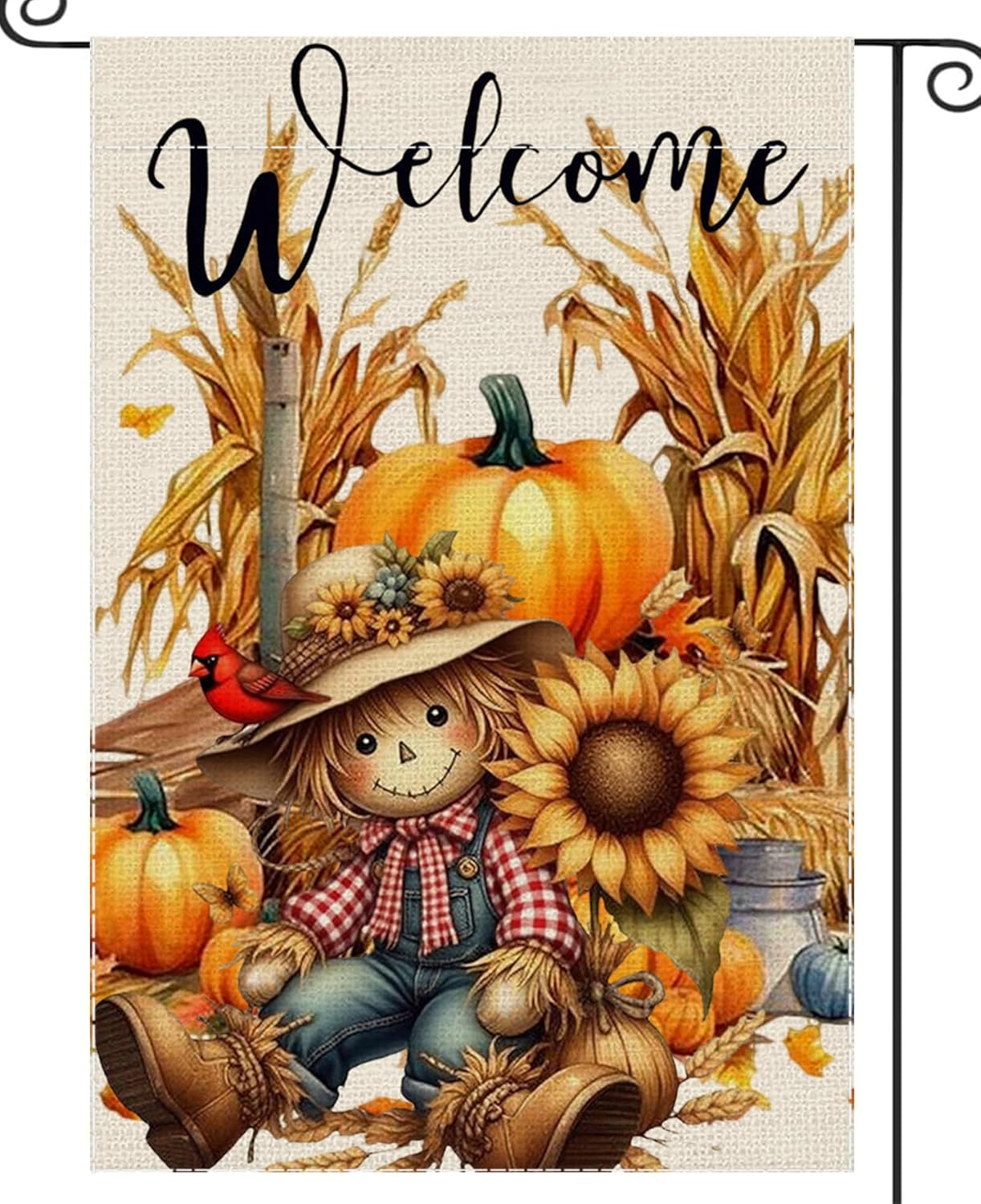 Fall Garden Flag Scarecrow Welcome Small Flags for Outside, 12x18 Inch Straw Sunflower Maple Leaves Double Sided Burlap Autumn Thanksgiving Harvest Party Farmhouse Outdoor Yard Lawn Decoration