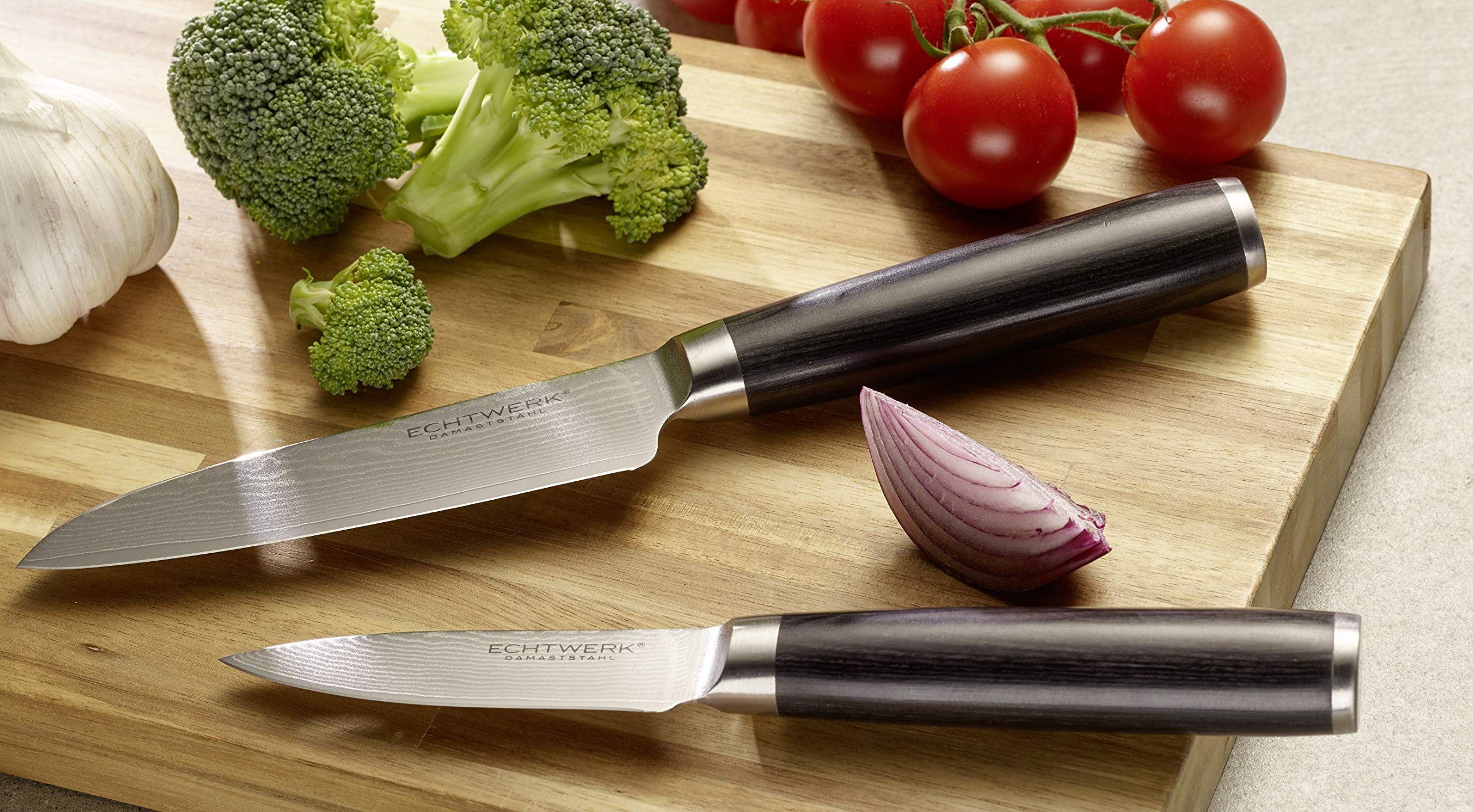 ECHTWERK Set de 2 couteaux damassés, couteau Santoku env. 13cm/éplucheur env. 8cm, couteau de cuisine, couteau japonais, couteau à légumes, acier damassé, manches en bois Pakka
