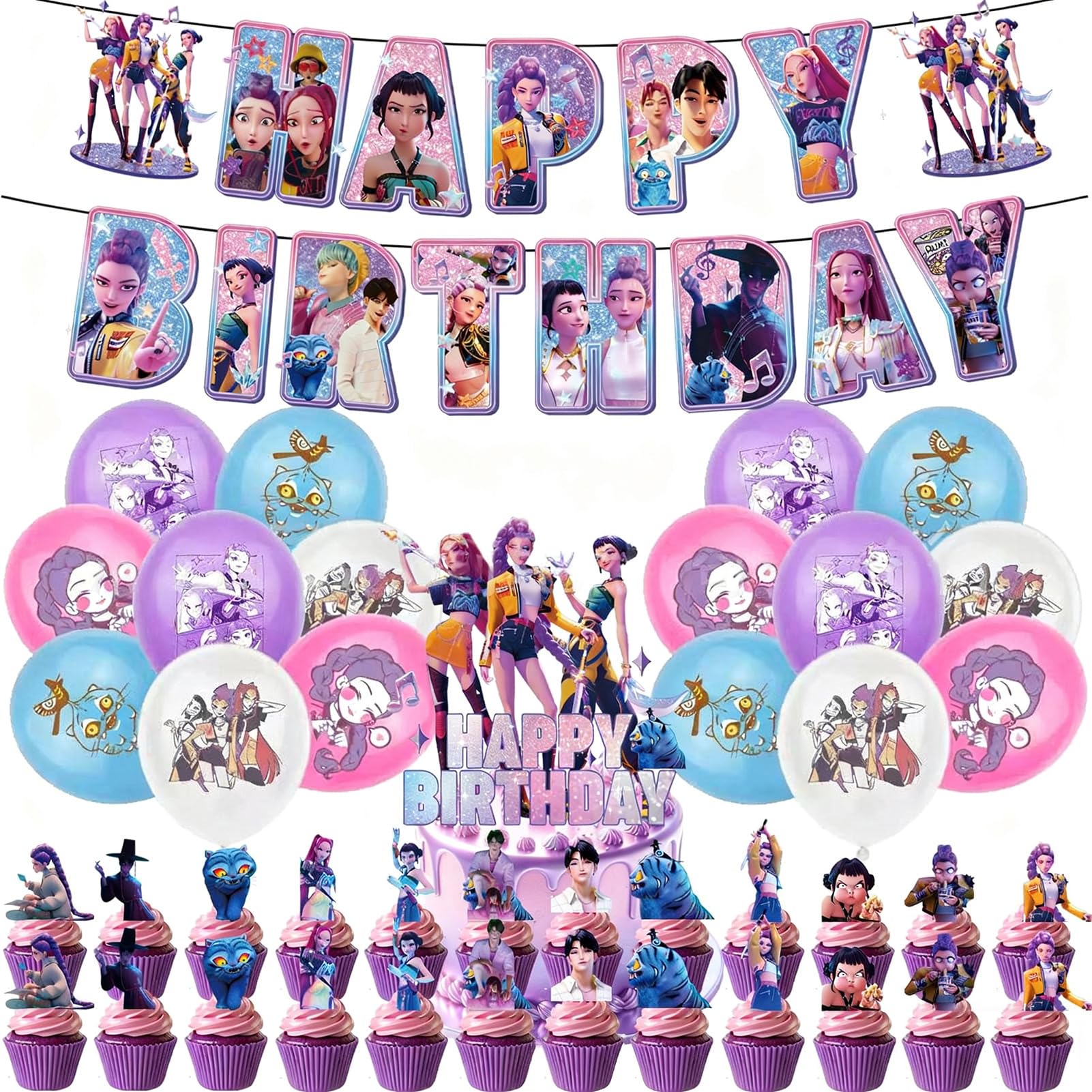 Birthday Party Decorations, Demons Hunters Party Decorations Kit with Happy Birthday Banner, Balloons, Cake Toppers, Cupcake Toppers, Party Supplies for Fans, Kids, Women, Girls (D)